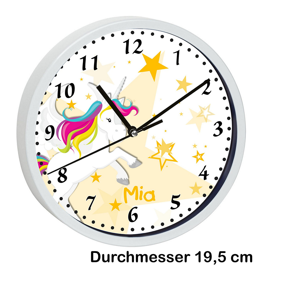 Kinder Wanduhr laufruhig personalisiert mit Name Pegasus Sterne Gelb