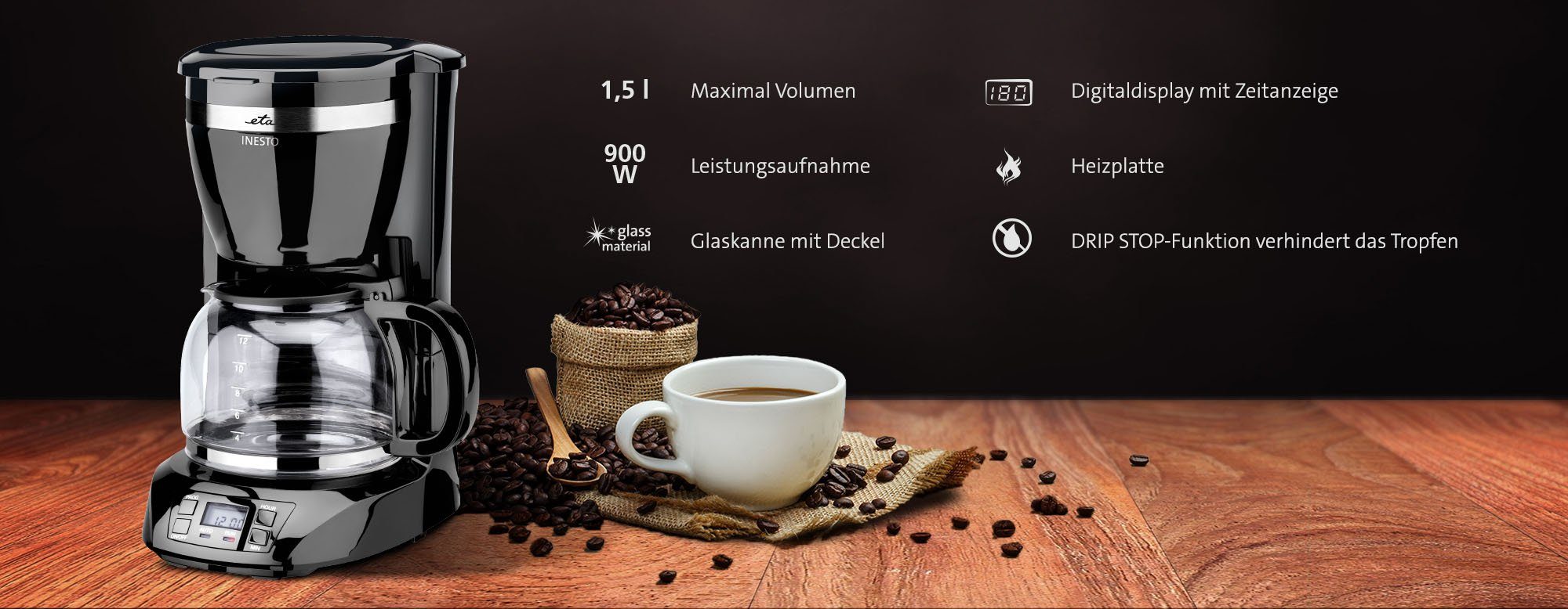eta Filterkaffeemaschine INESTO ETA317490000, 1,5l Kaffeekanne, Korbfilter, Permanentfilter 1x4