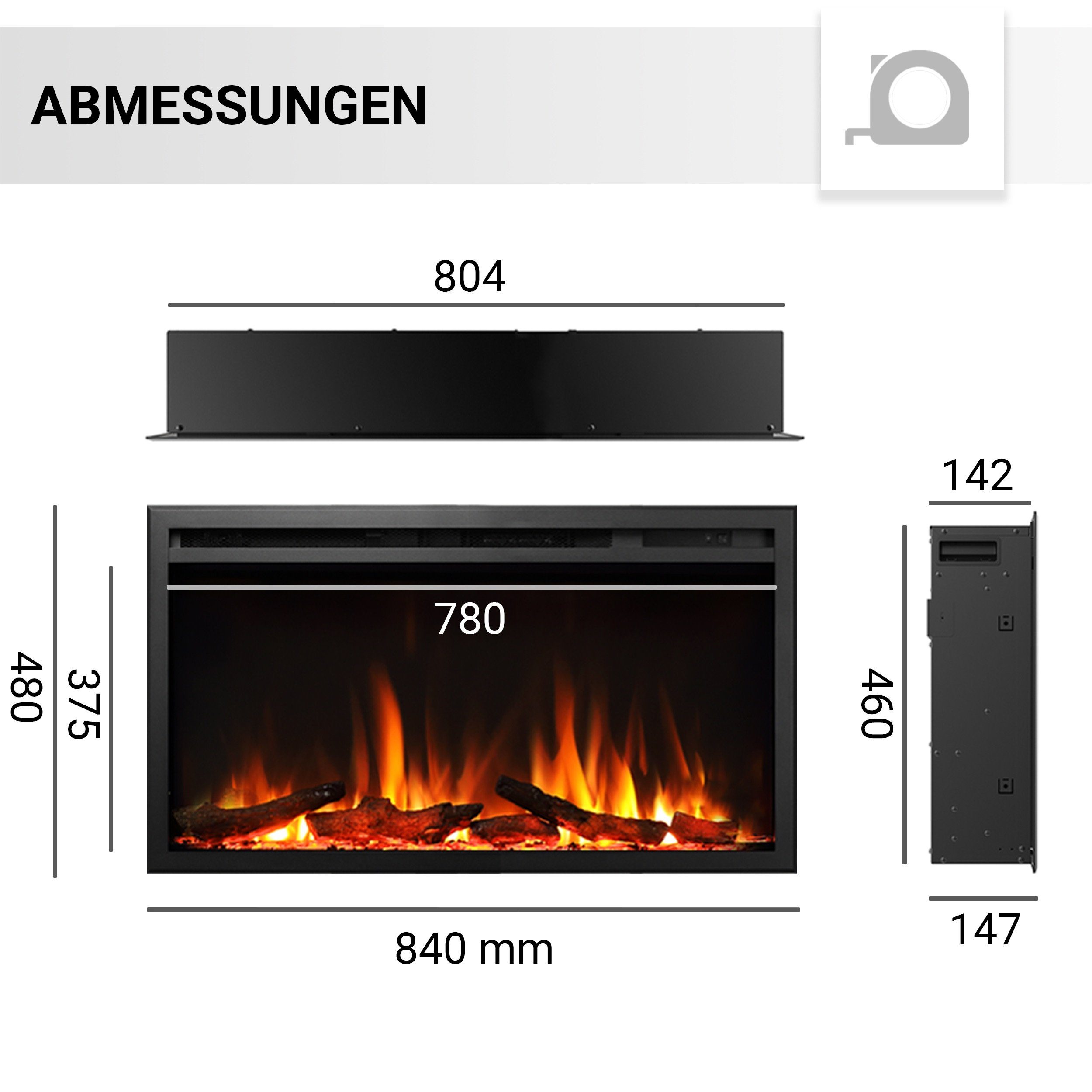 RICHEN Elektrokamin Atalanta, Einbaukamin mit Heizung 2000W, 3D-Flammeneffekt, integrierte Knisterfunktion, Fernbedienung, Timer, Thermostat
