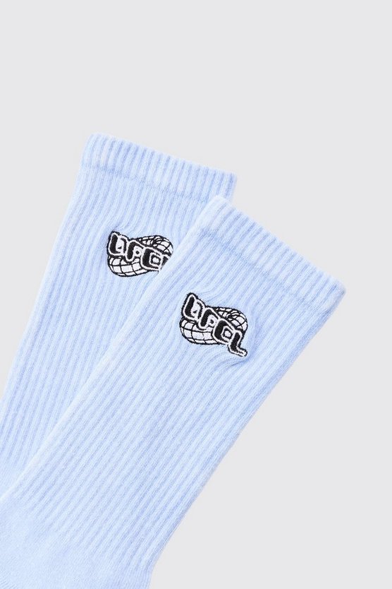 Hellblaue Socken mit Acid-Waschung und Official-Stickerei