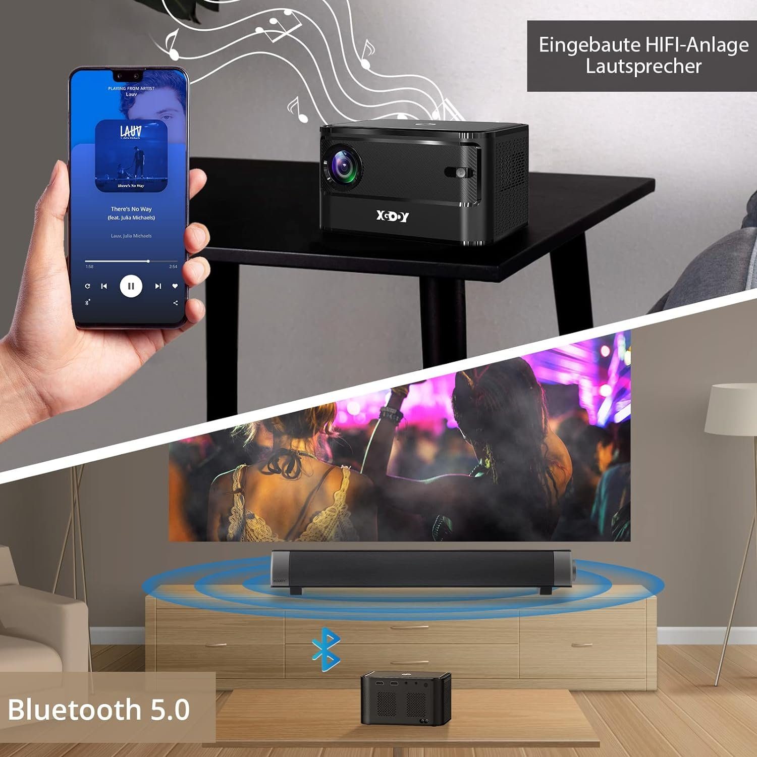 XGODY Portabler Projektor (9000 lm, 3000:1, 1920 x 1080 px, Projektor mit WLAN und Bluetooth 1080P Unterstützung HD Mini Heimkino)