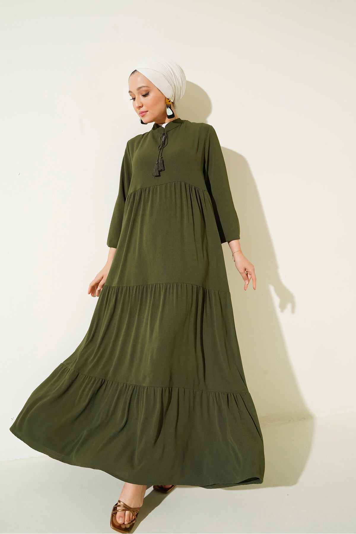 Bigdart  1627 Hijab-Kleid mit Kragen und Schnürung – D.Khaki