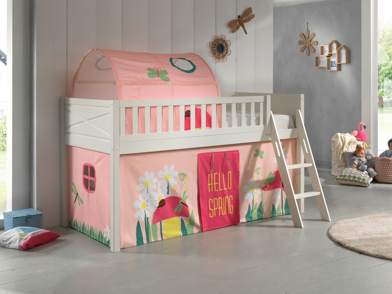 VIPACK Spielbett SCOTT, LF 90 x 200 cm, mit Rolllattenrost, Leiter und Textilset Vorhang und Tunnel 