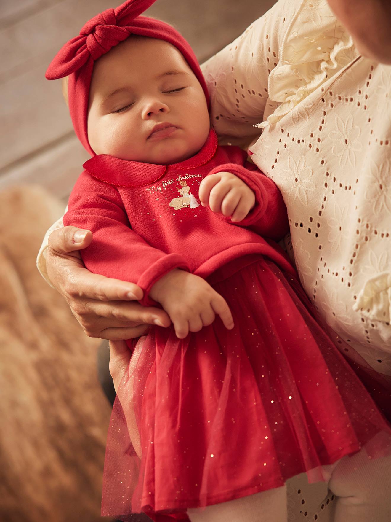 Vertbaudet Weihnachtliches Baby-Set: Kleid, Haarband & Strumpfhose - rot