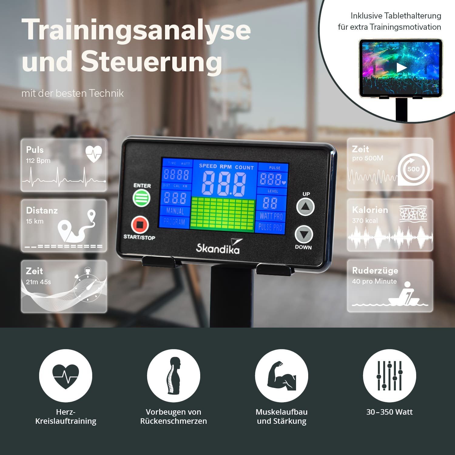 Skandika Rudergerät Nordlys, Ruderergometer,Tablethalterung
