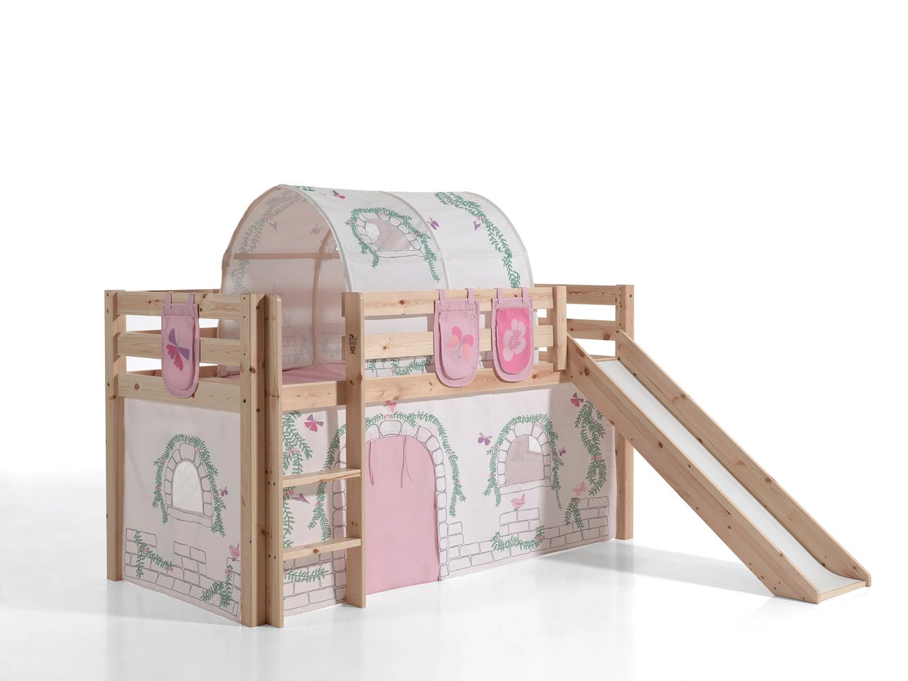 VIPACK Spielbett Pino inkl. Rutsche mit Textilset Vorhang, Tunnel und 3 Taschen 