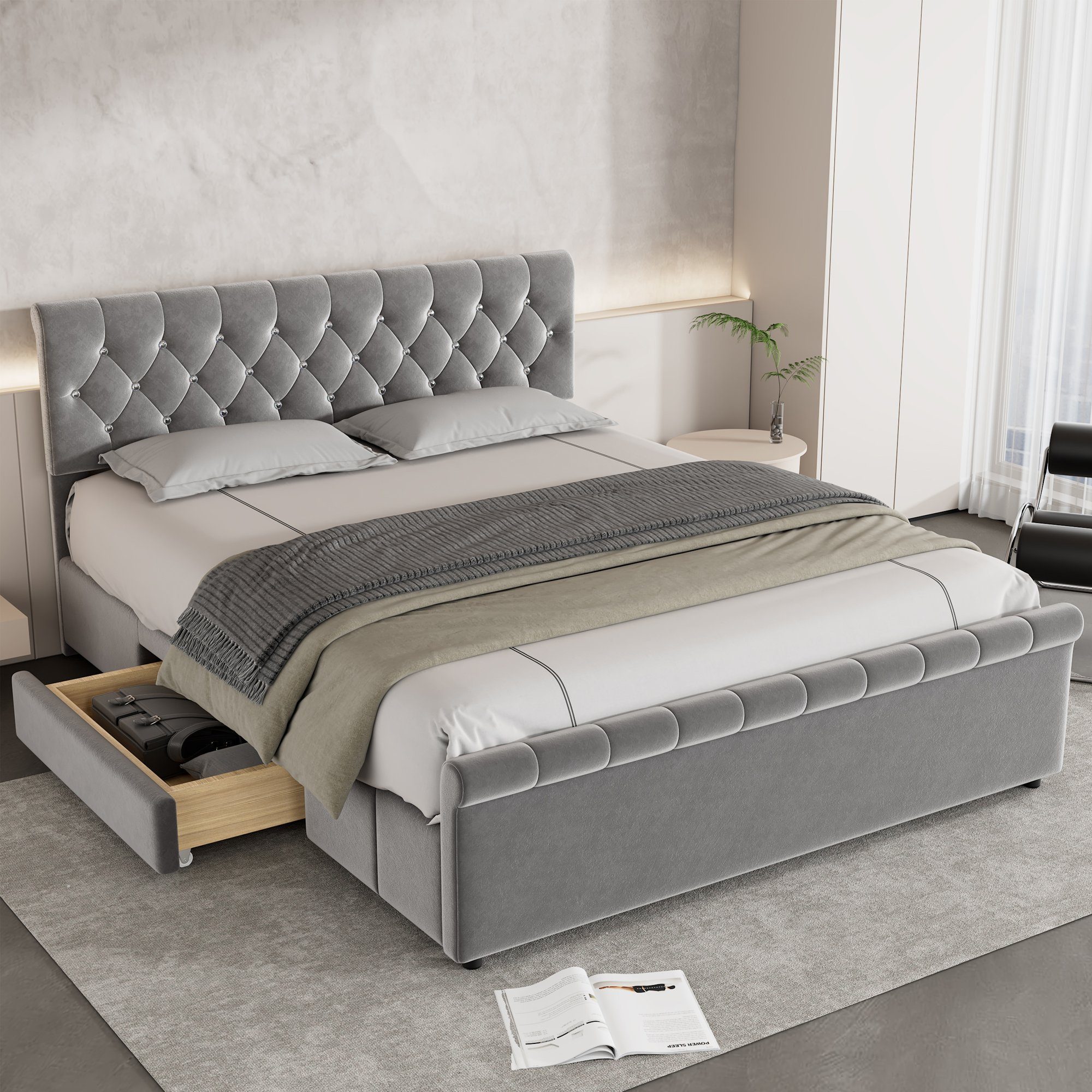 Flieks Polsterbett, Doppelbett mit Lattenrost und 2 Schubladen 140x200cm Samt