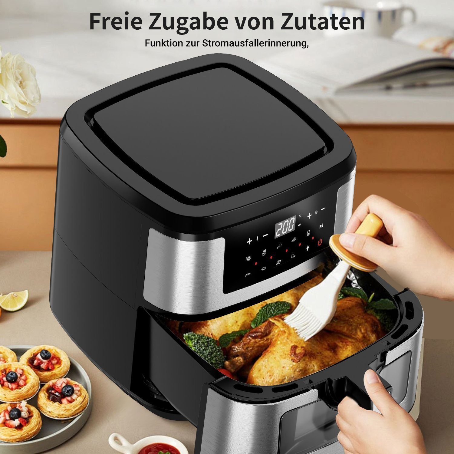 Yaviel Heißluftfritteuse 8L/9.7L Heizluft Fritteuse XXL Air Fryer Ohne Öl LED Touchscreen, 1600,00 W, Airfryer Einstellbare Zeit/Temperaturregelung 12 Programmen für Braten
