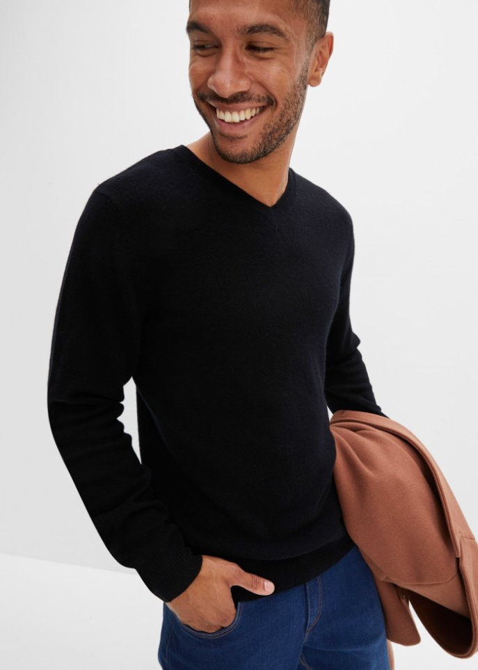 Premium Woll-Pullover mit Good Cashmere Standard®-Anteil, V-Ausschnitt