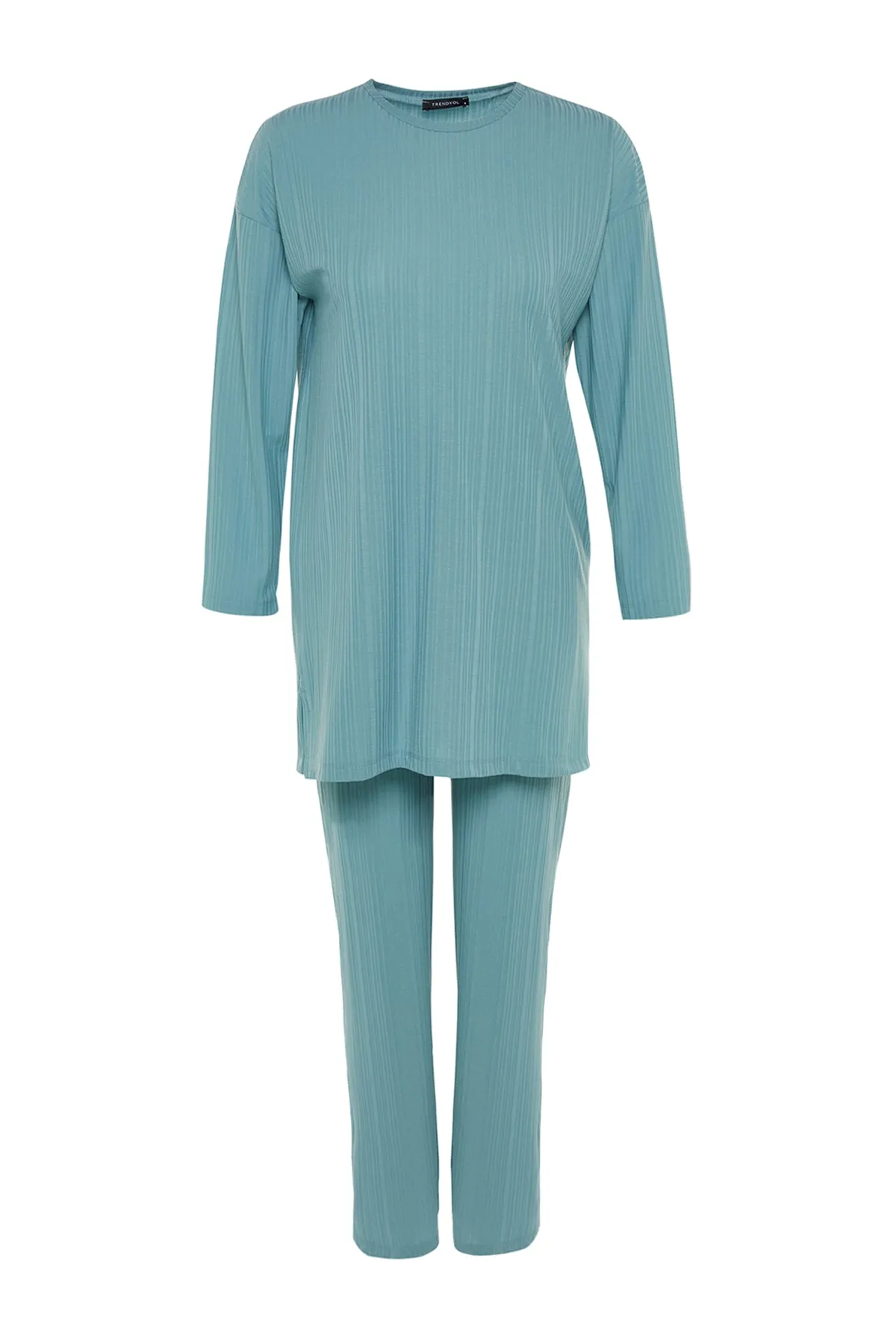 Trendyol Modest  Mintgrünes, plissiertes Tunika-Hosen-Strickset TCTSS23US00009