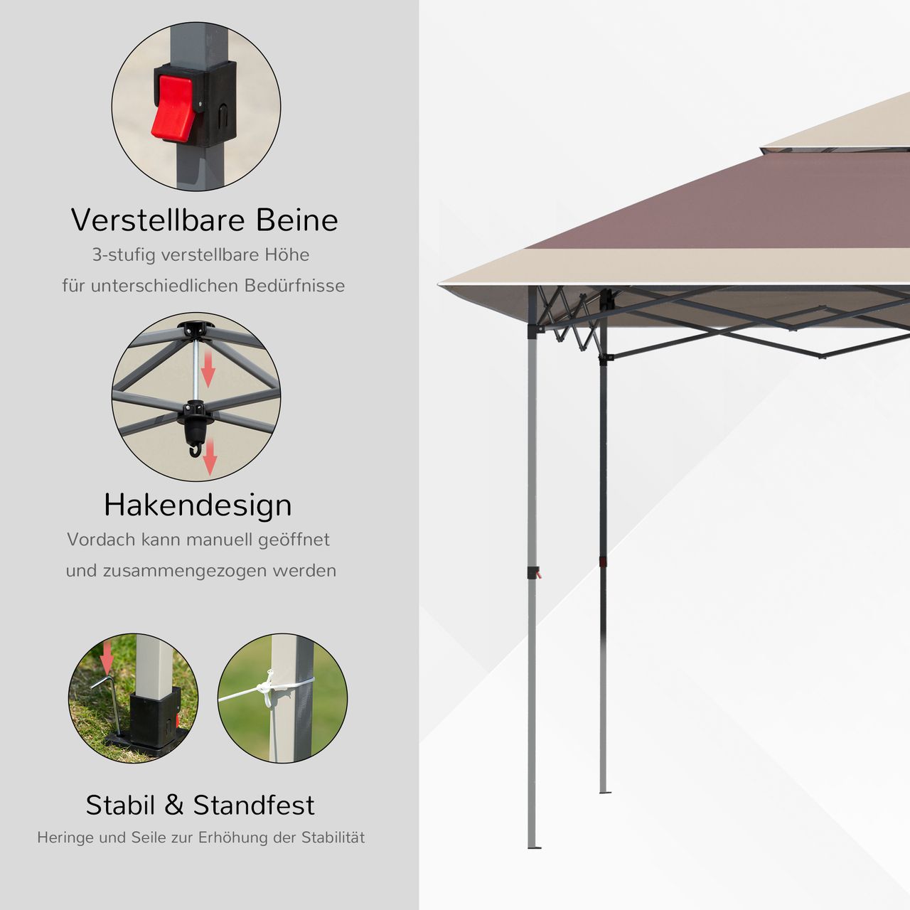 Outsunny Faltpavillon Pop-Up-Zelt Gartenpavillon Rollentasche Oxford-Gewebe 3,6 x 3,6 m Dunkelbraun   khaki
