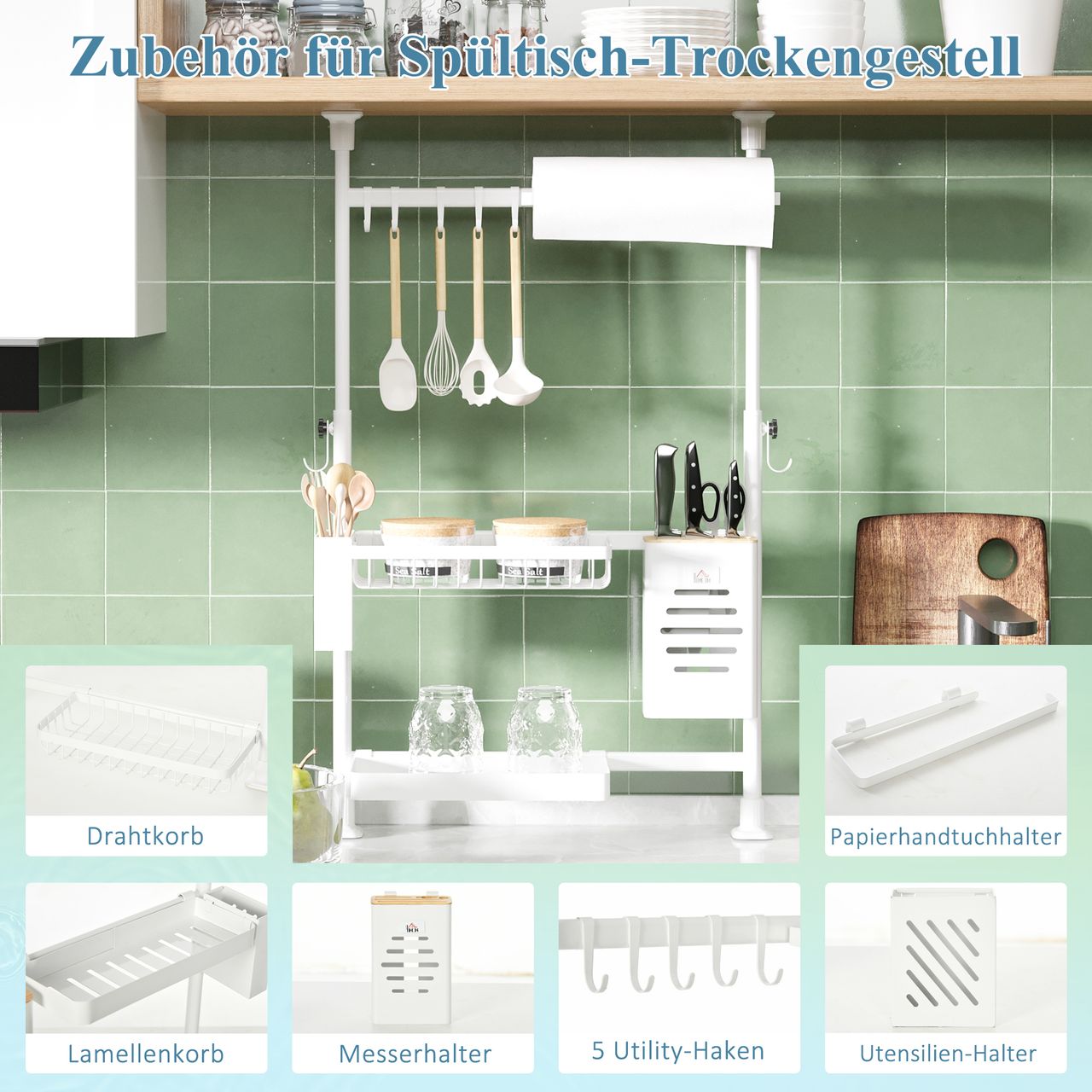 HOMCOM Abtropfgestell Höhenverstellbarer Geschirrgestell mit Haken, Messerhalter