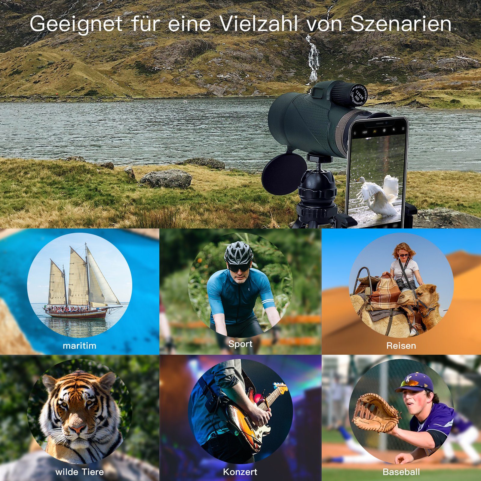 Sintech Linsenteleskop 12×56 HD-Monokular-Teleskop mit Smartphone-Adapter