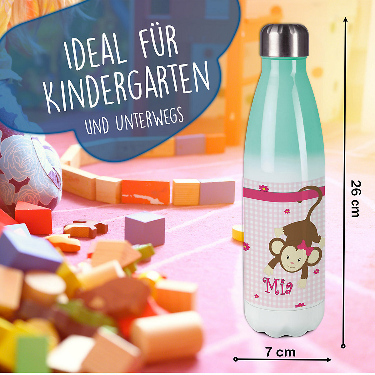 Edelstahl Kinder Thermoflasche / Trinkflasche bunt Affe hängend Farbe rosa Spülmaschinenfest, Auslaufsicher, Bruchfest, Doppelwandig, Für Heißgetränke geeignet, Mit Deckel, Isoliert