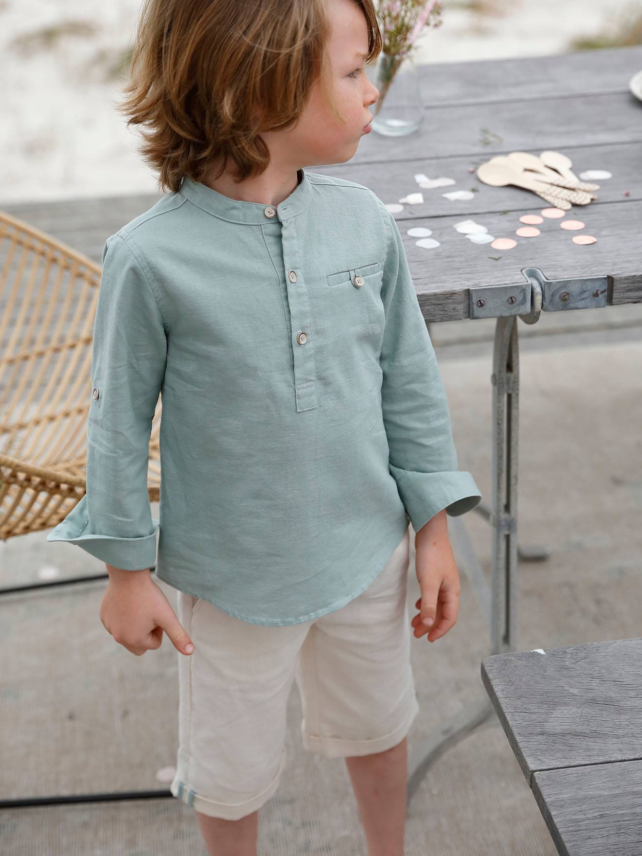 Chemise col Mao garçon en coton/lin manches longues vert