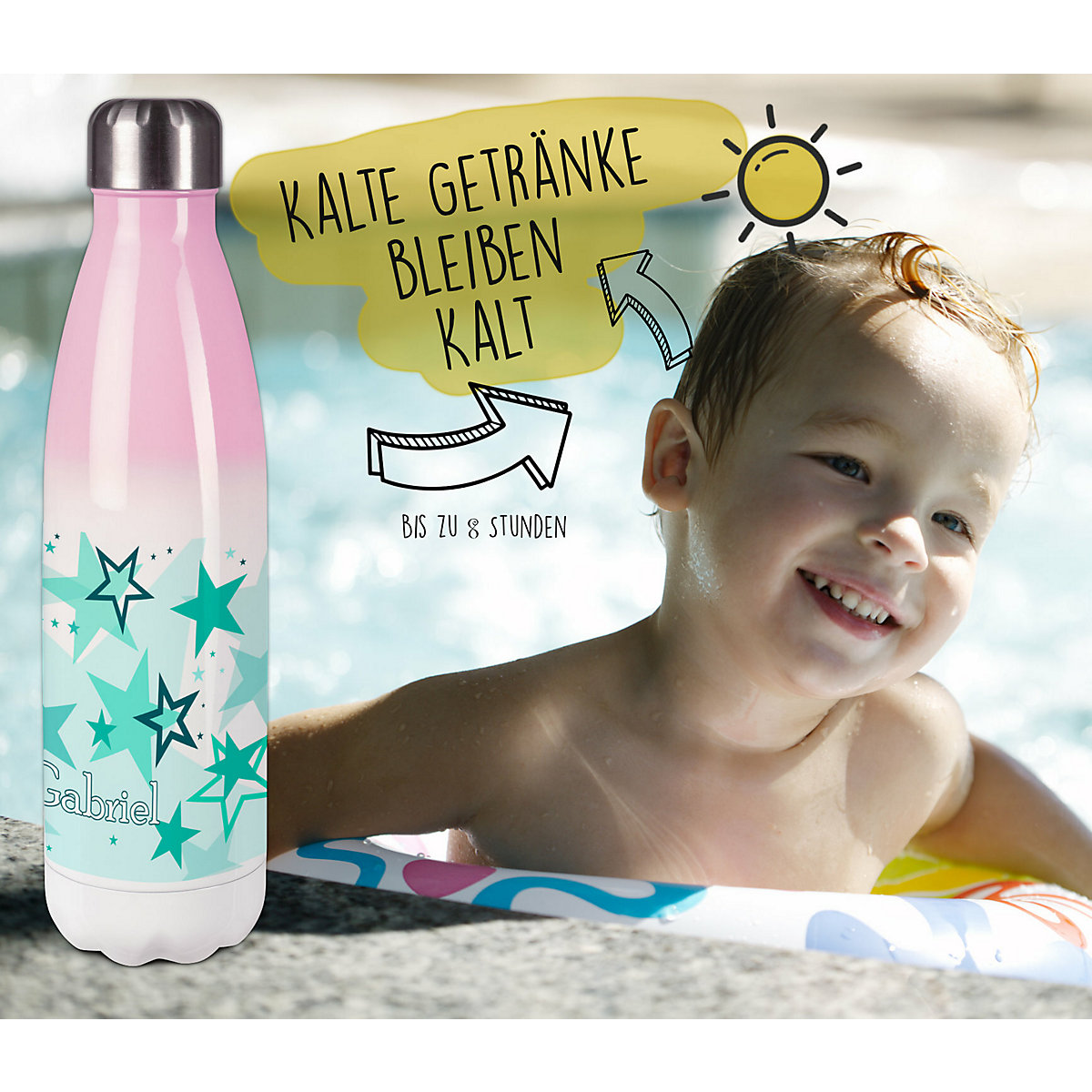 Edelstahl Kinder Thermoflasche / Trinkflasche bunt Sternenhimmel Farbe türkis Spülmaschinenfest, Auslaufsicher, Bruchfest, Doppelwandig, Für Heißgetränke geeignet, Mit Deckel, Isoliert