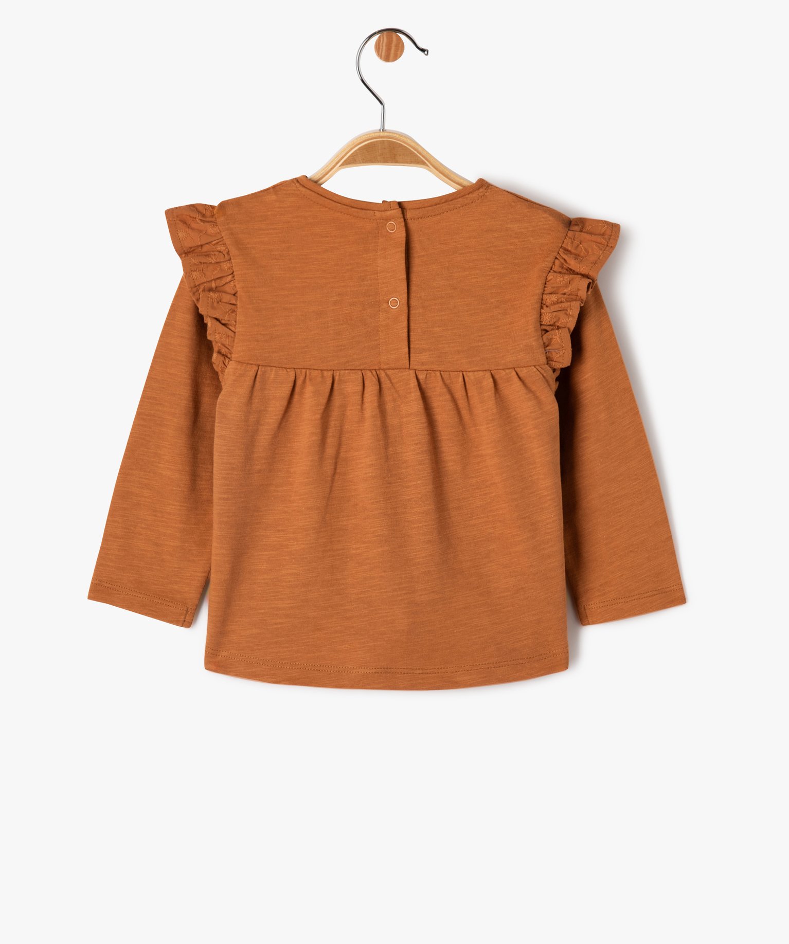 Tee-shirt manches longues volantées à plastron brodé béb... marron | GEMO