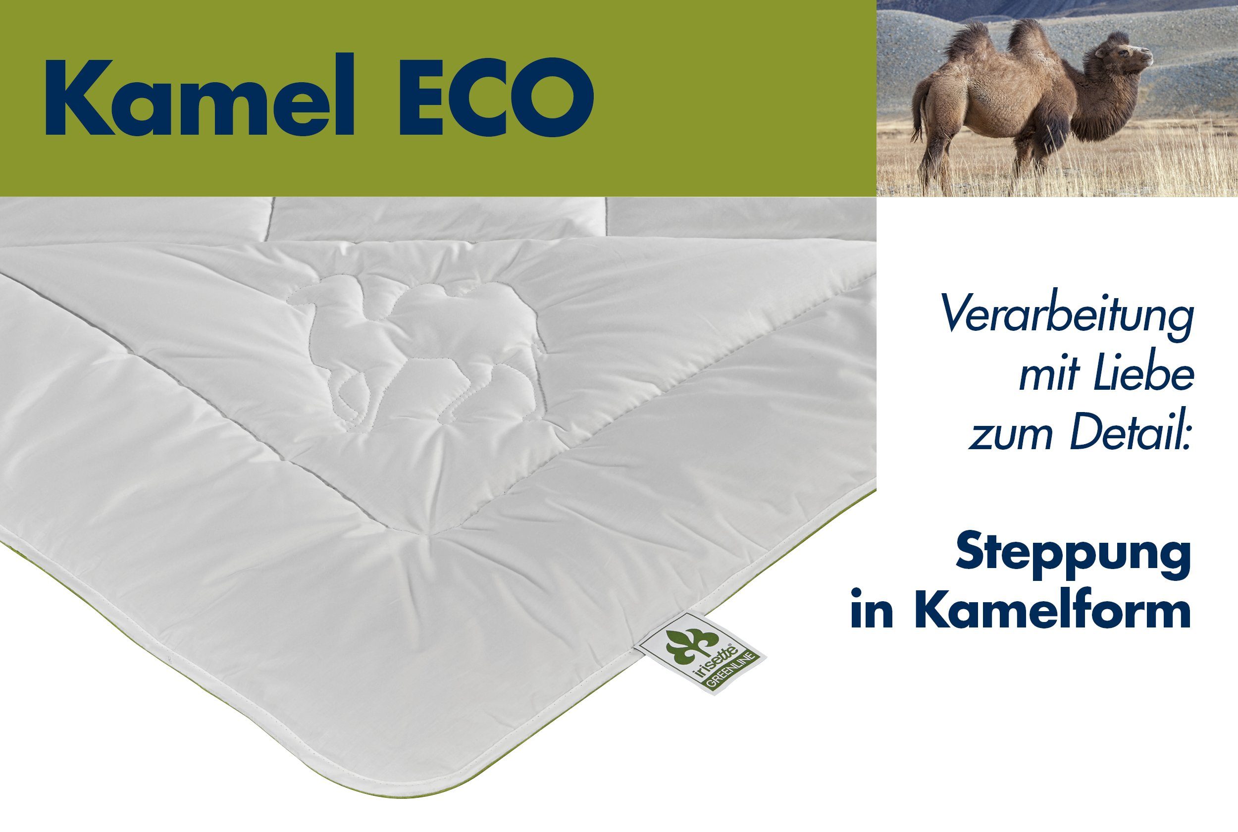 Naturhaarbettdecke, Steppbett Irisette Greenline Kamel Eco, irisette GREENLINE, Füllung: 100% Kamelhaar, Bezug: 100% Baumwolle aus kontrolliert biologischem Anbau, perfekt für Naturliebhaber