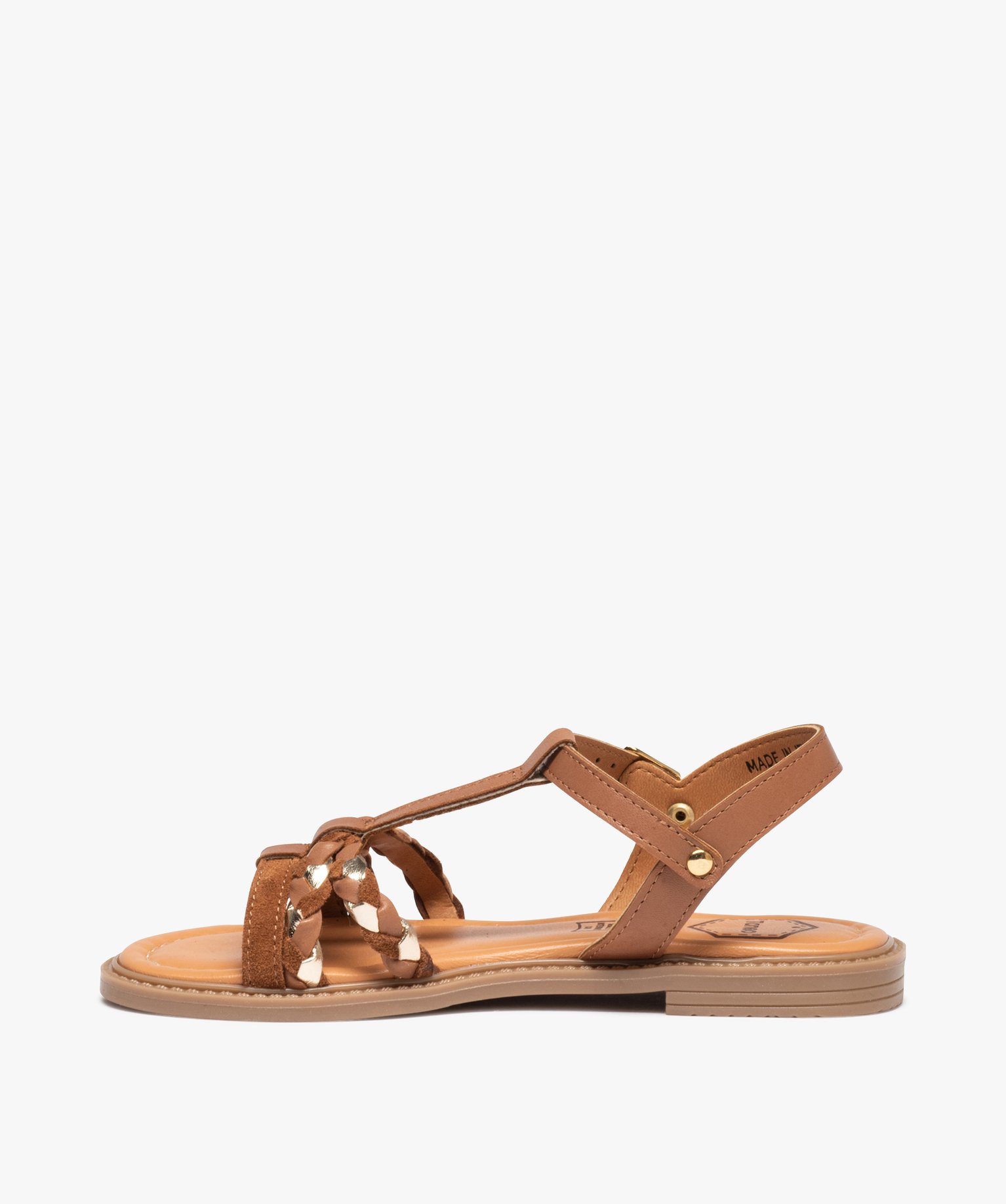 Sandales fille plates à brides en cuir contrastées camel | GEMO
