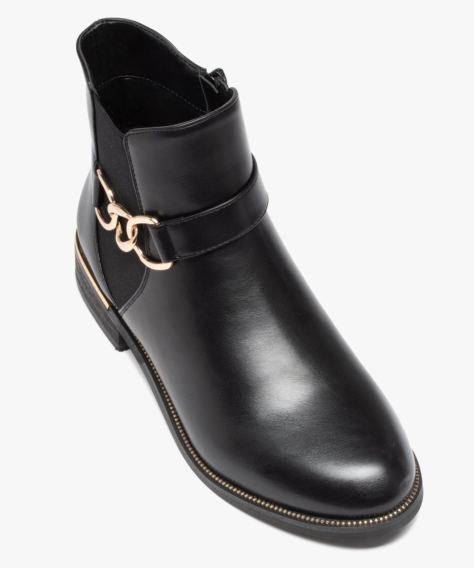 Boots femme unies à talon plat et chaine métallique noir | GEMO