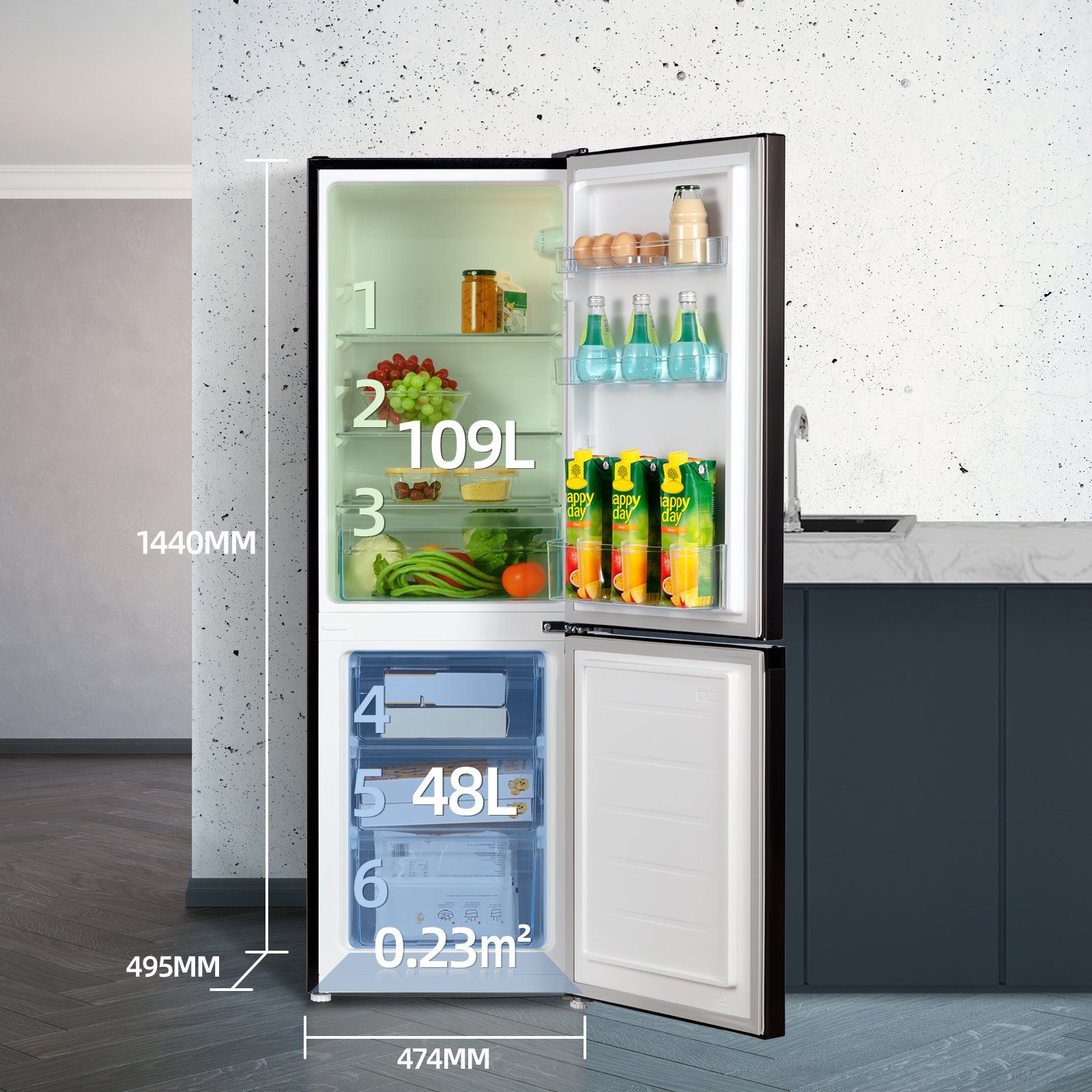 CHiQ Kühl-/Gefrierkombination FBM157L42, 144 cm hoch, 47.4 cm breit, 157L Kühlschrank,12 Jahre Garantie auf den Kompressor,Low-frost