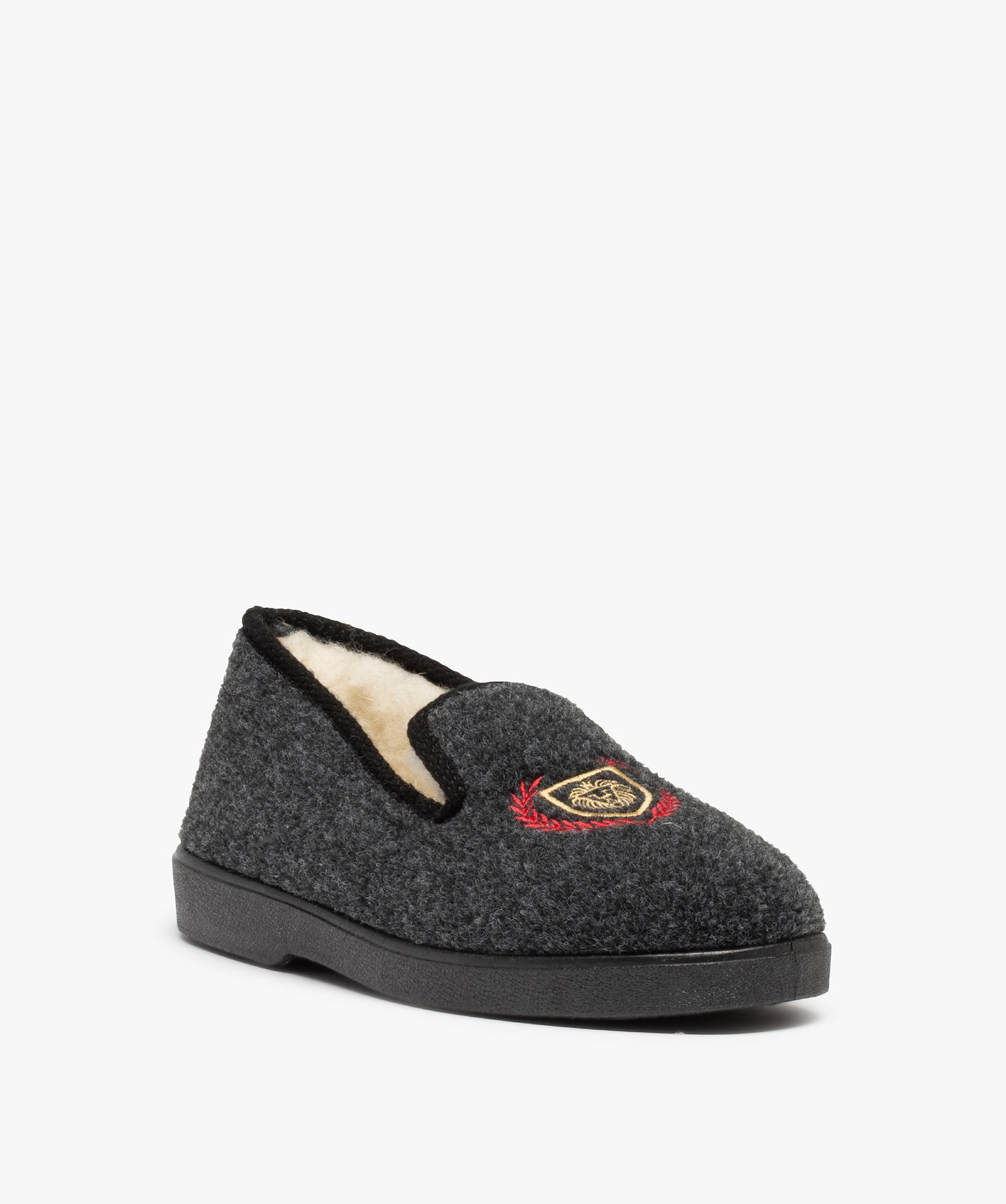 Chaussons homme charentaises en feutrine brodée gris fonce | GEMO
