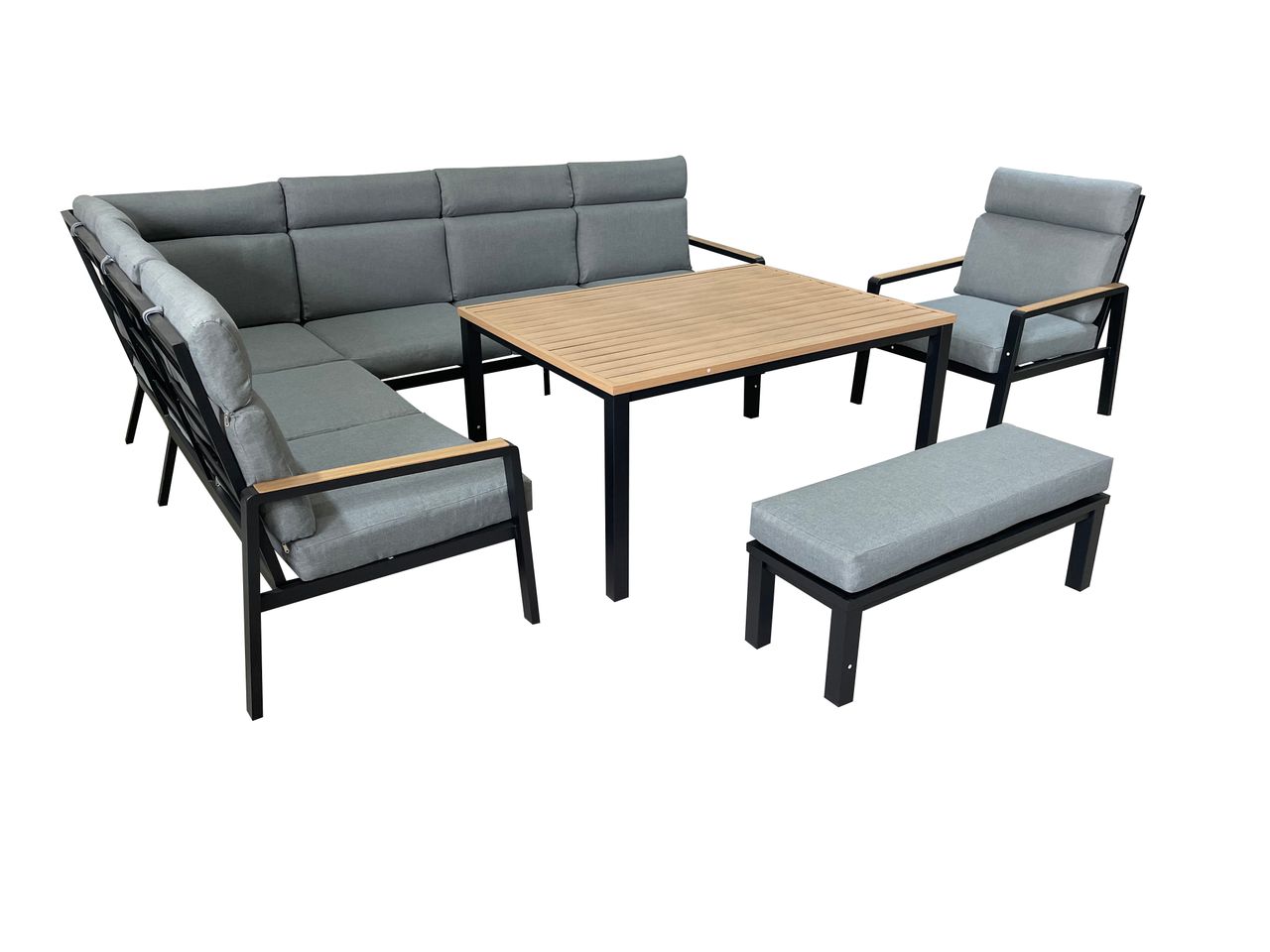 Happy Home 6 tlg. Eck-Lounge Set HGS55-GRA mit hoher Rückenlehne, Sitzkissen, grau & Holzoptik