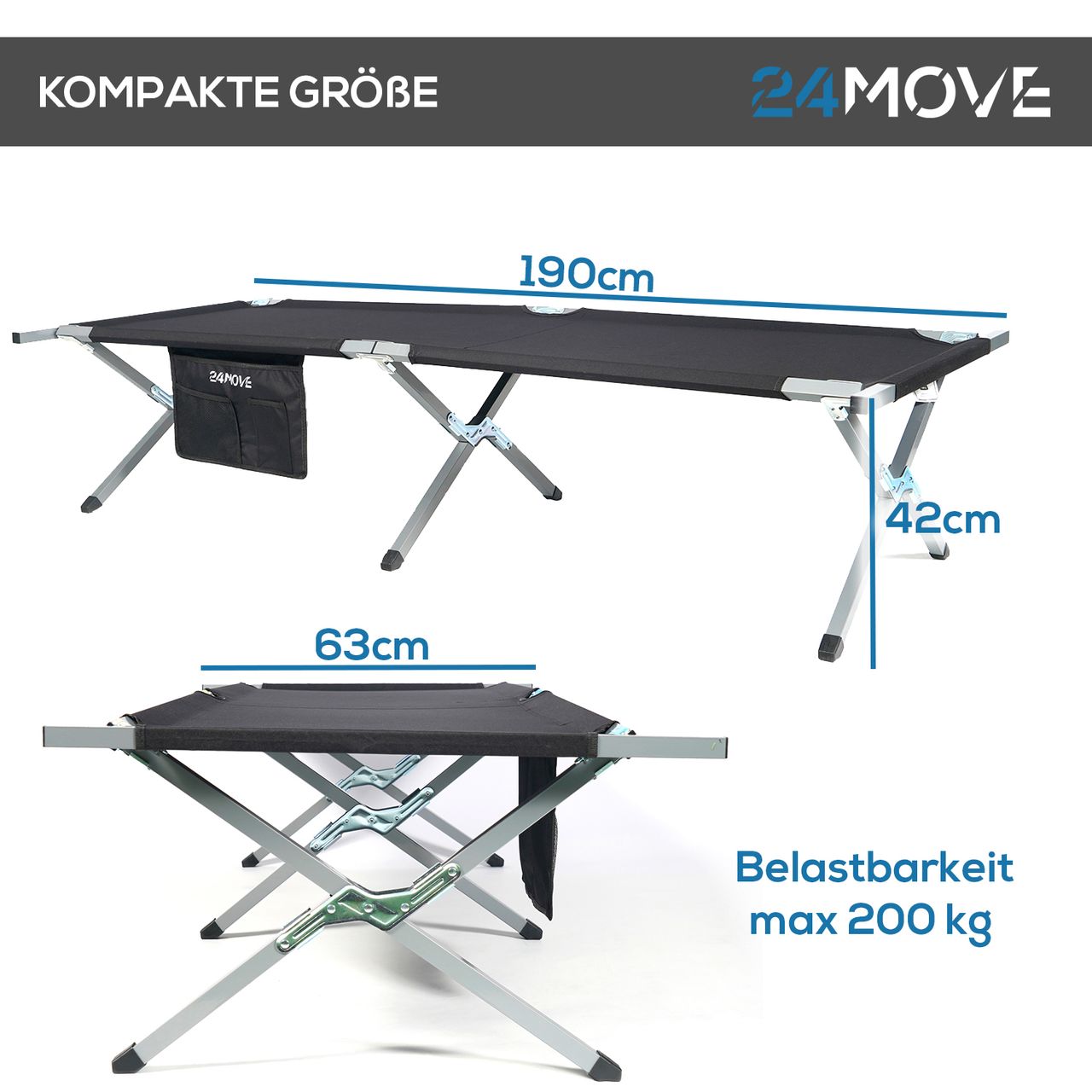 TroniTechnik 24MOVE® Feldbett Campingbett bis 180 kg In-und Outdoor Camping faltbar, inkl. Tragetasche