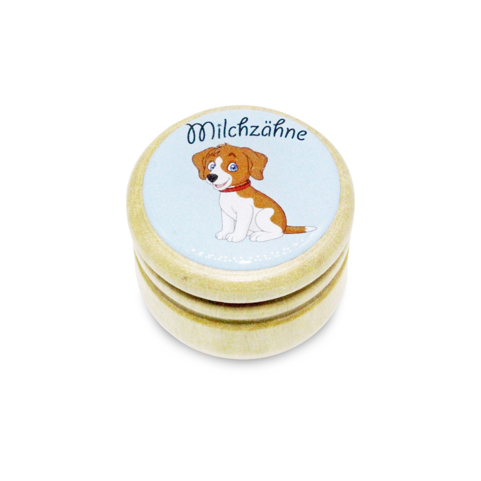 GICO Zahndose Milchzahndose Hund Zahndose Milchzähne Bilderdose aus Holz mit Drehver, für Jungen und Mädchen