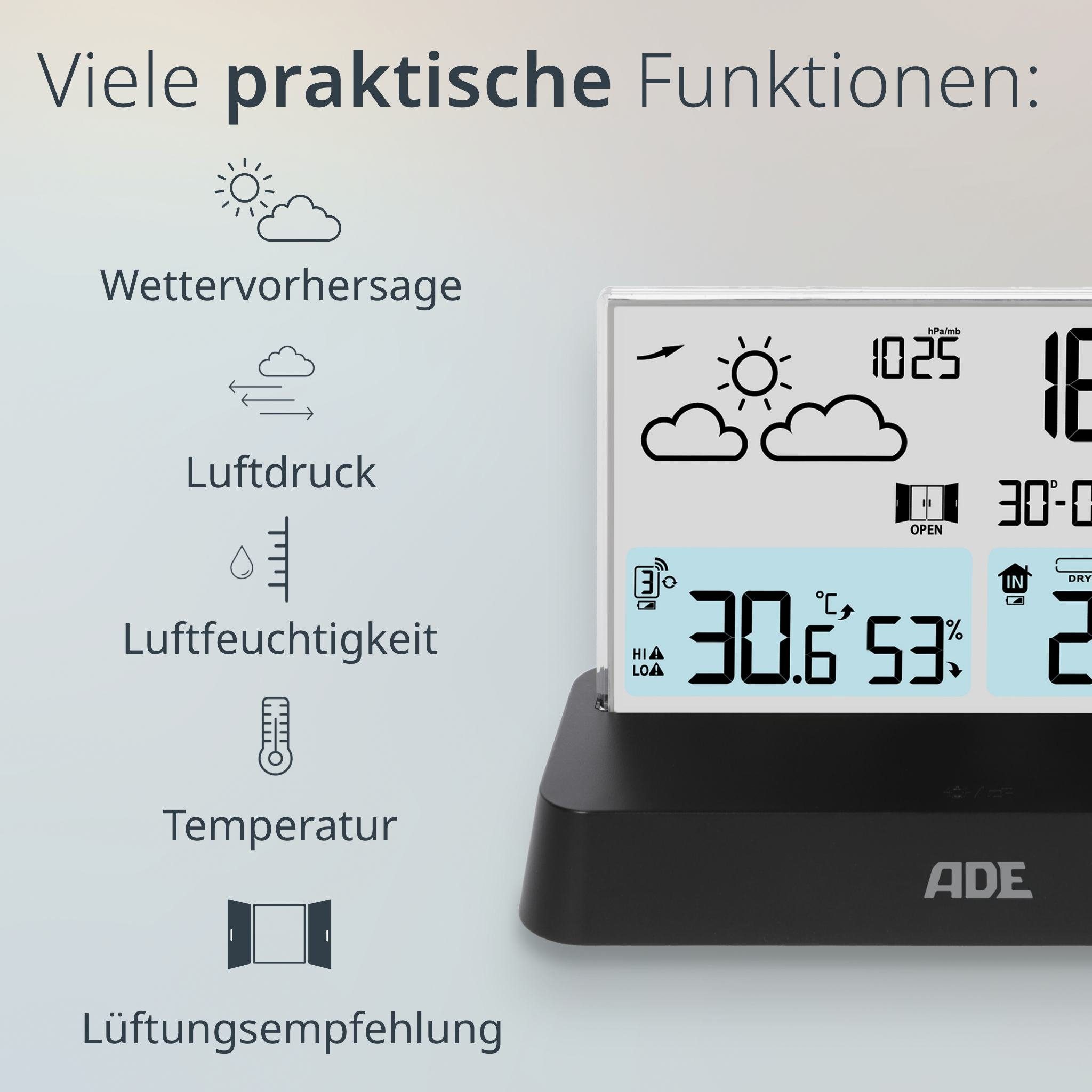 ADE Digitale Wetterstation Funk mit Außensensor Funkwetterstation (mit Vorhersage, Funkwecker, Beleuchtung, auffällige rahmenlose Optik)