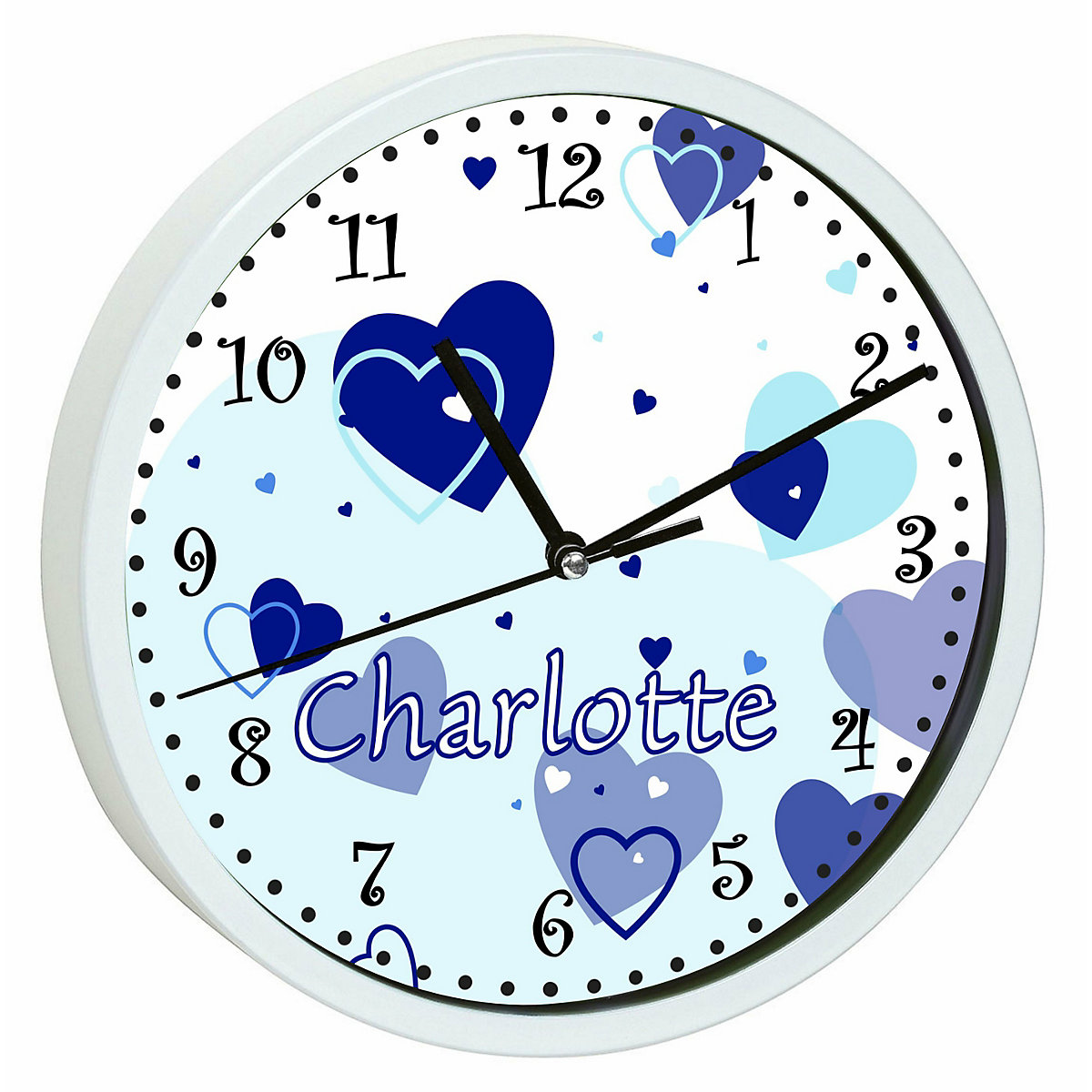 Kinder Wanduhr personalisiert mit Name Herz Blau
