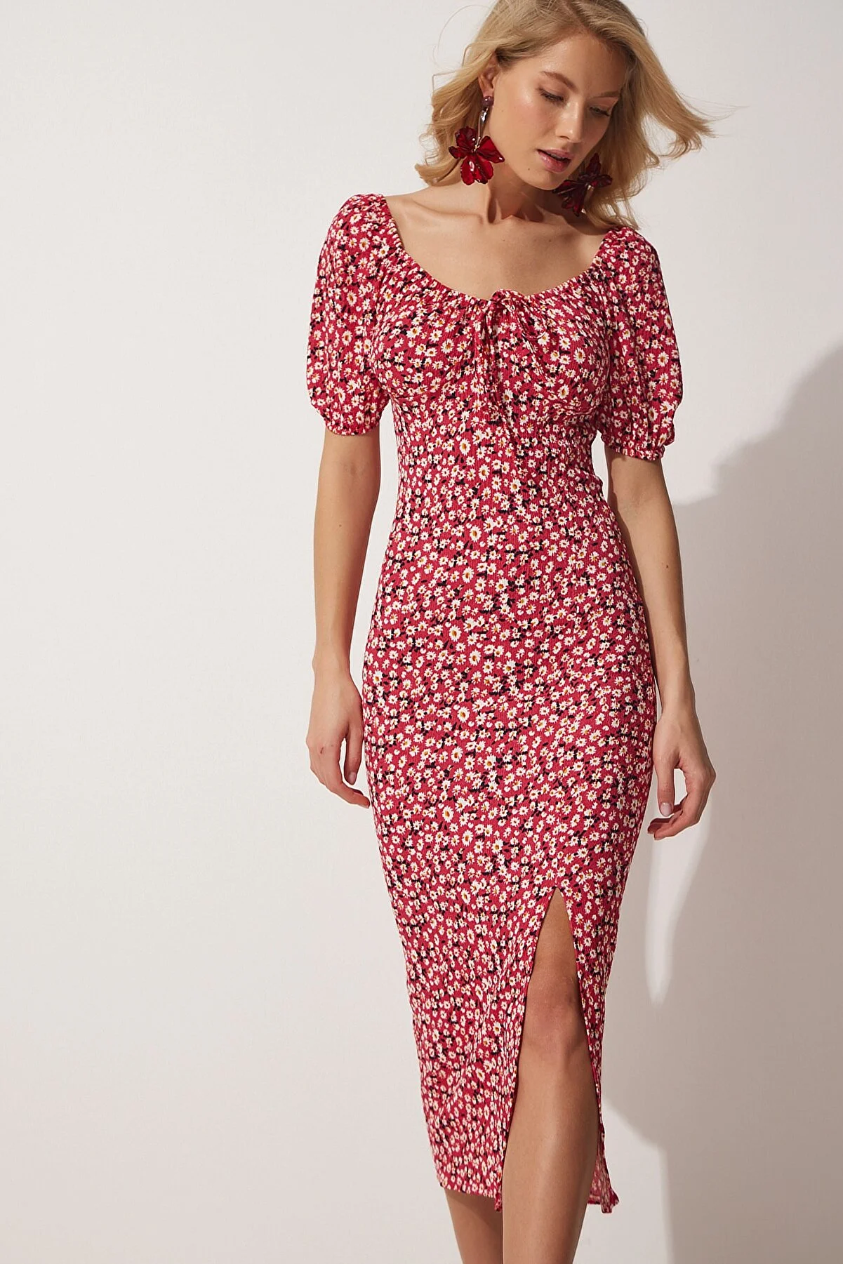 Happiness İstanbul  Dunkelrosa Damen-Sommerstrickkleid mit Carmenkragen und Schlitz FF00113