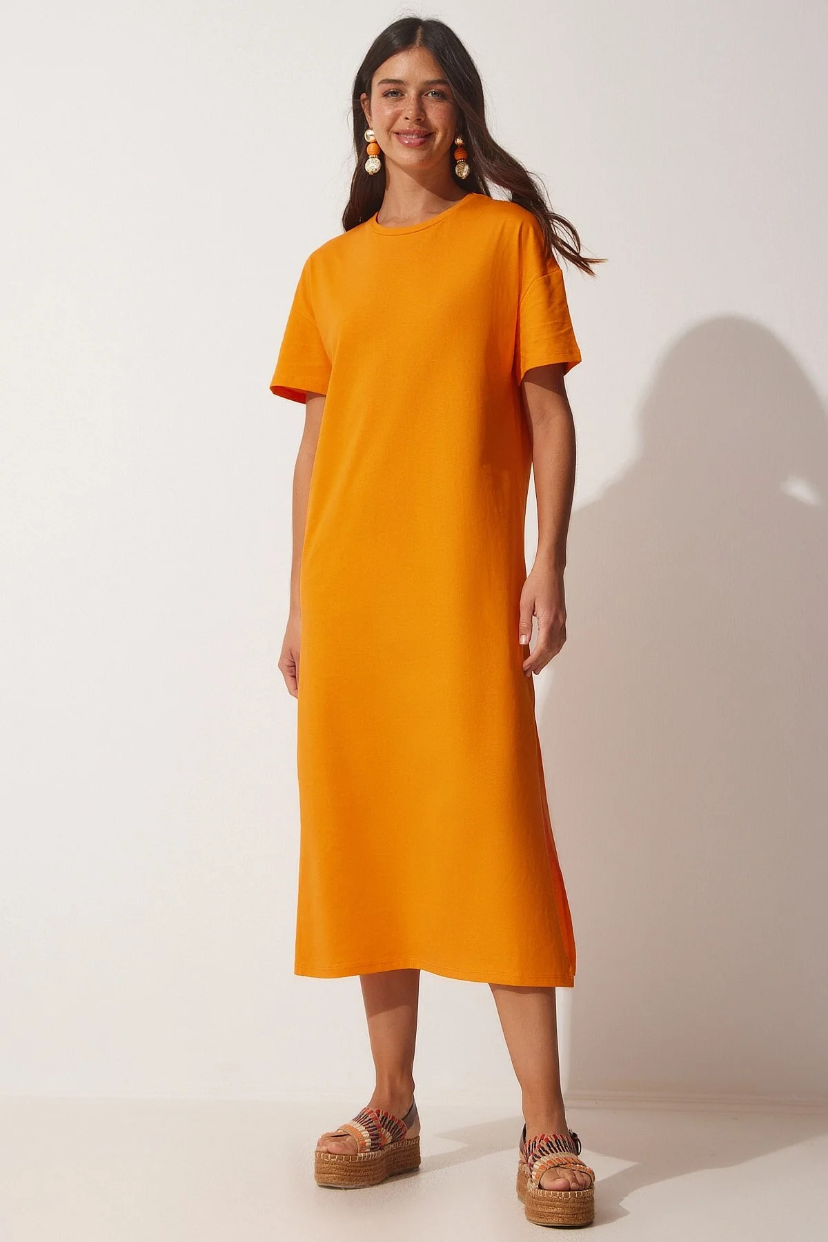 Happiness İstanbul  Damen-Sommerkleid aus gekämmter Baumwolle in Orange aus Baumwolle UB00080