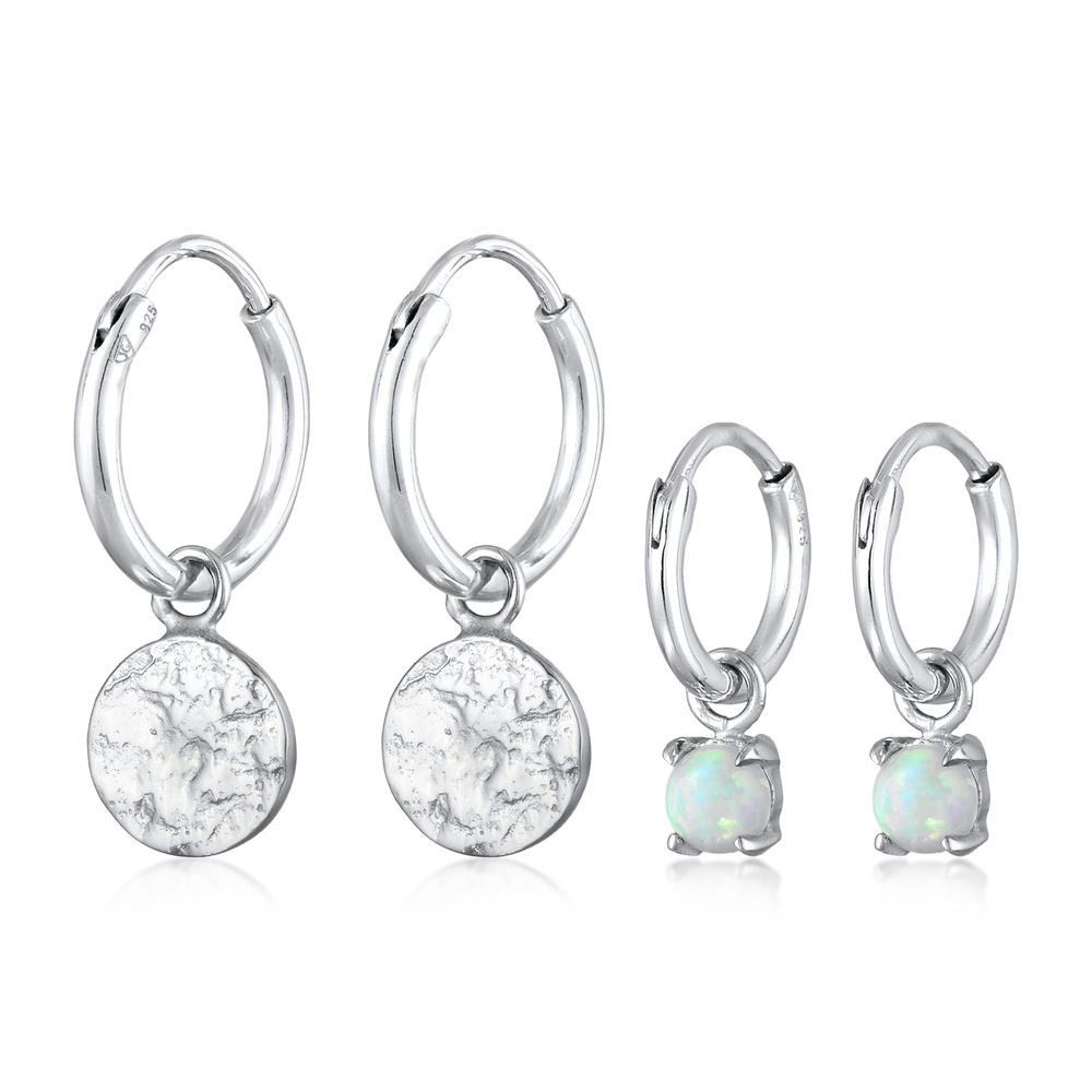 Elli Elli Boucles d'Oreilles Femmes créoles plaquettes set de 2 avec opale en argent s Boucles d'oreilles