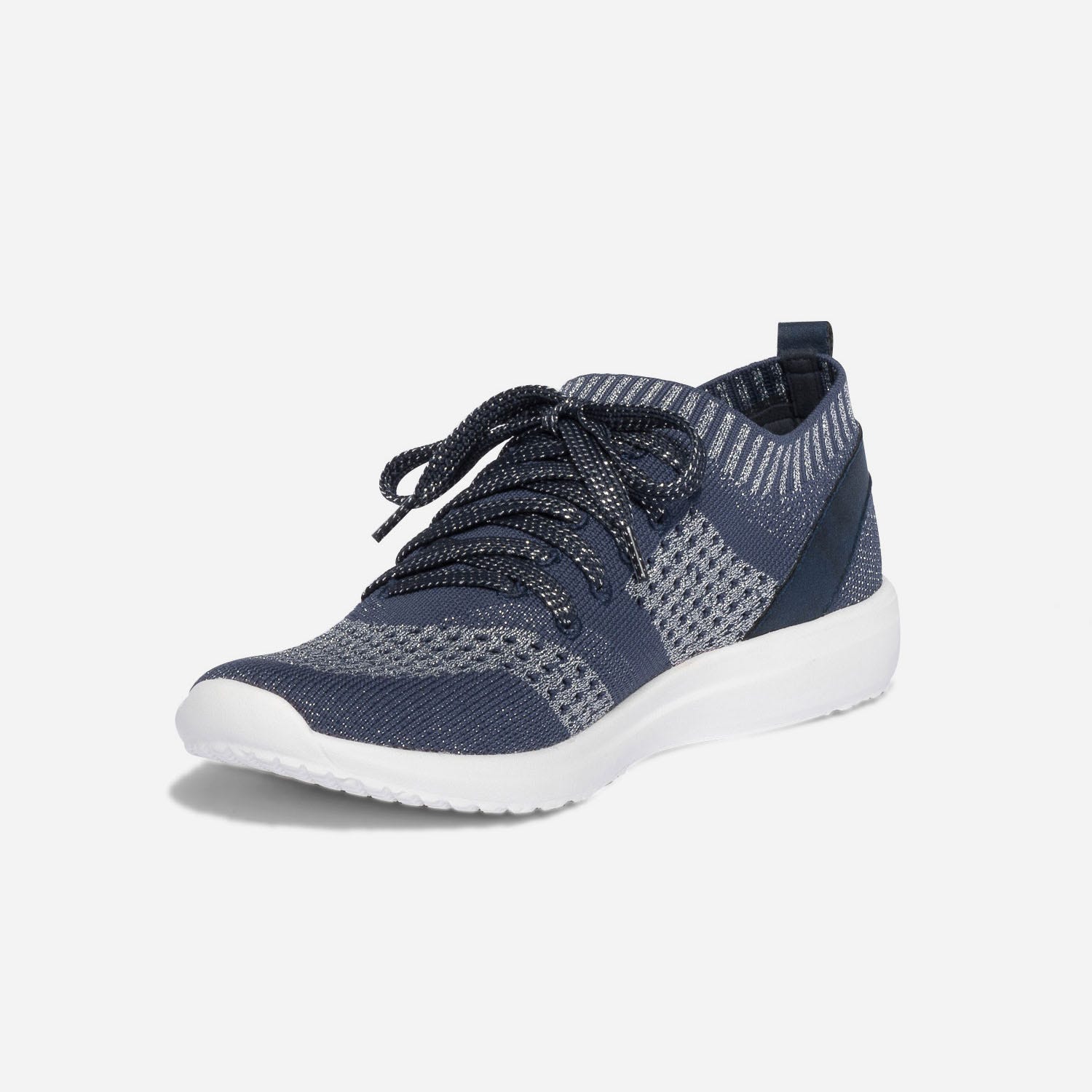 Tennis-chaussette bleue et argentée tricotée éco-conçue