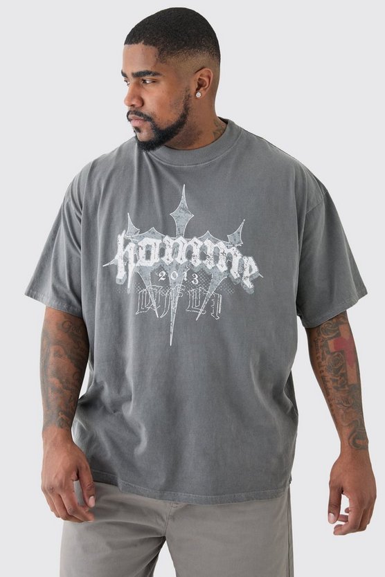 Plus Oversize T-Shirt mit Homme-Print in Grau
