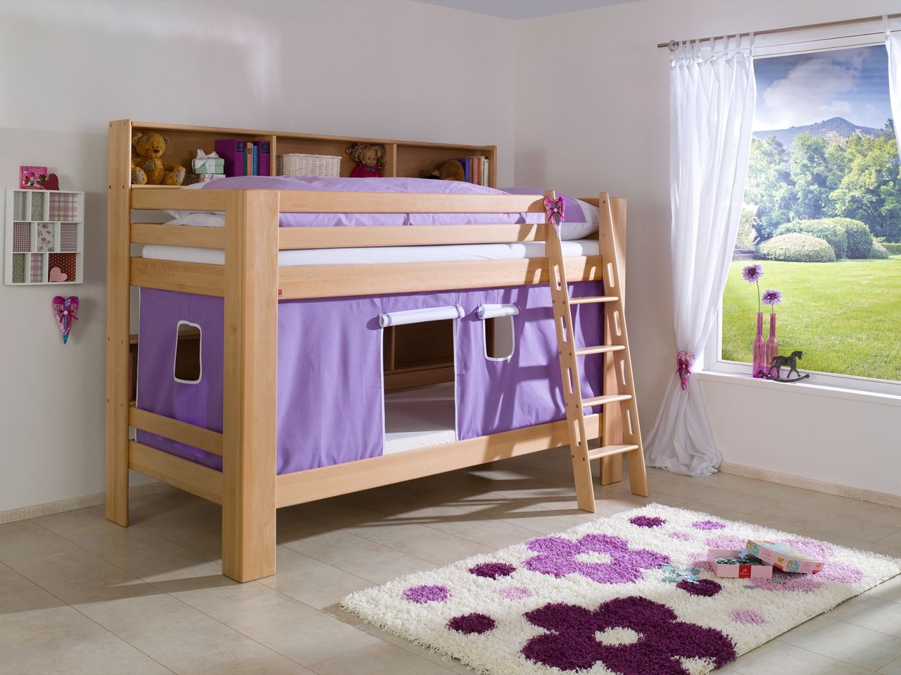 Relita Etagenbett Jan mit Bücherregal und Vorhang purple/weiß