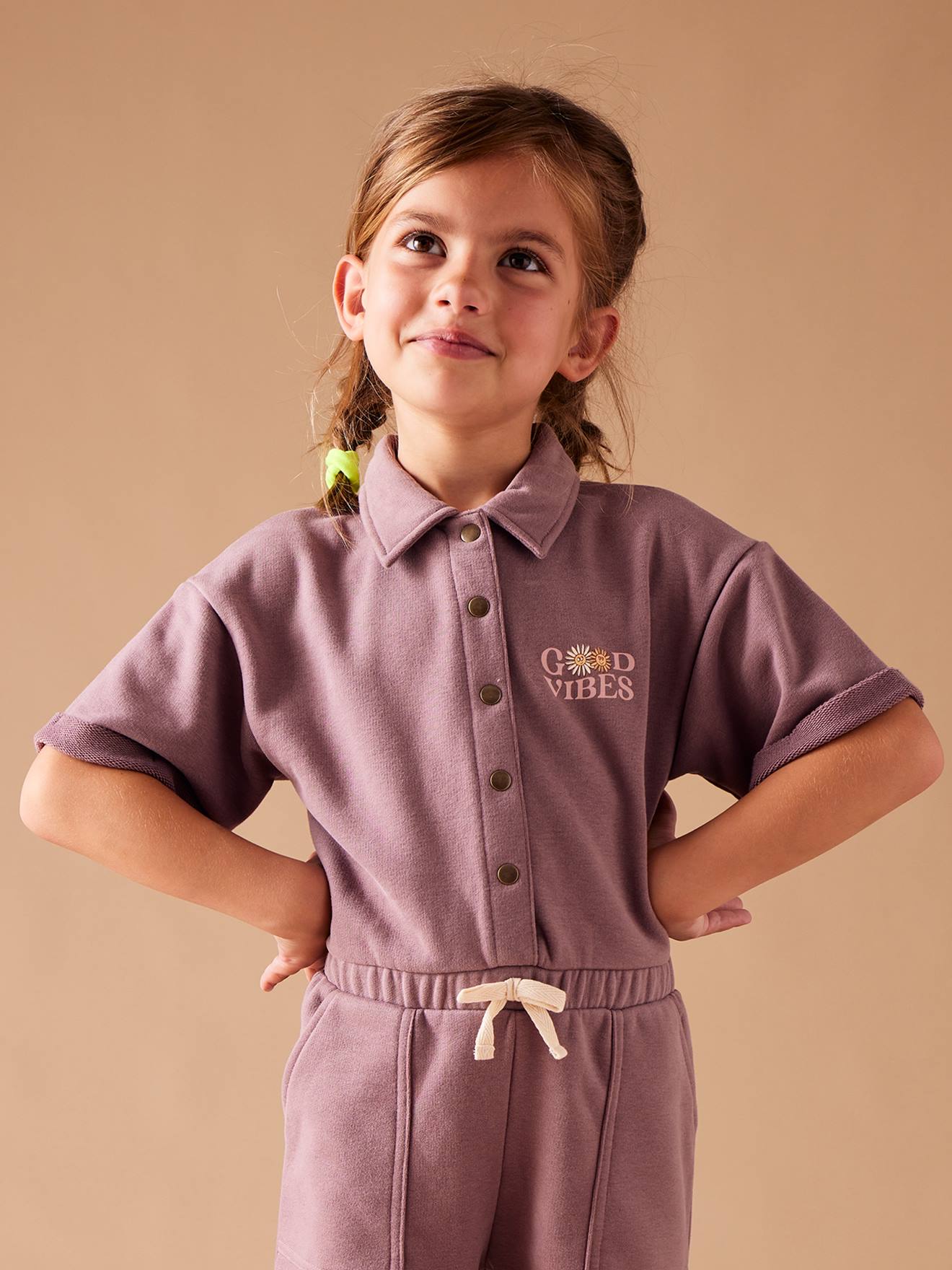 Combinaison en molleton fille manches courtes mauve