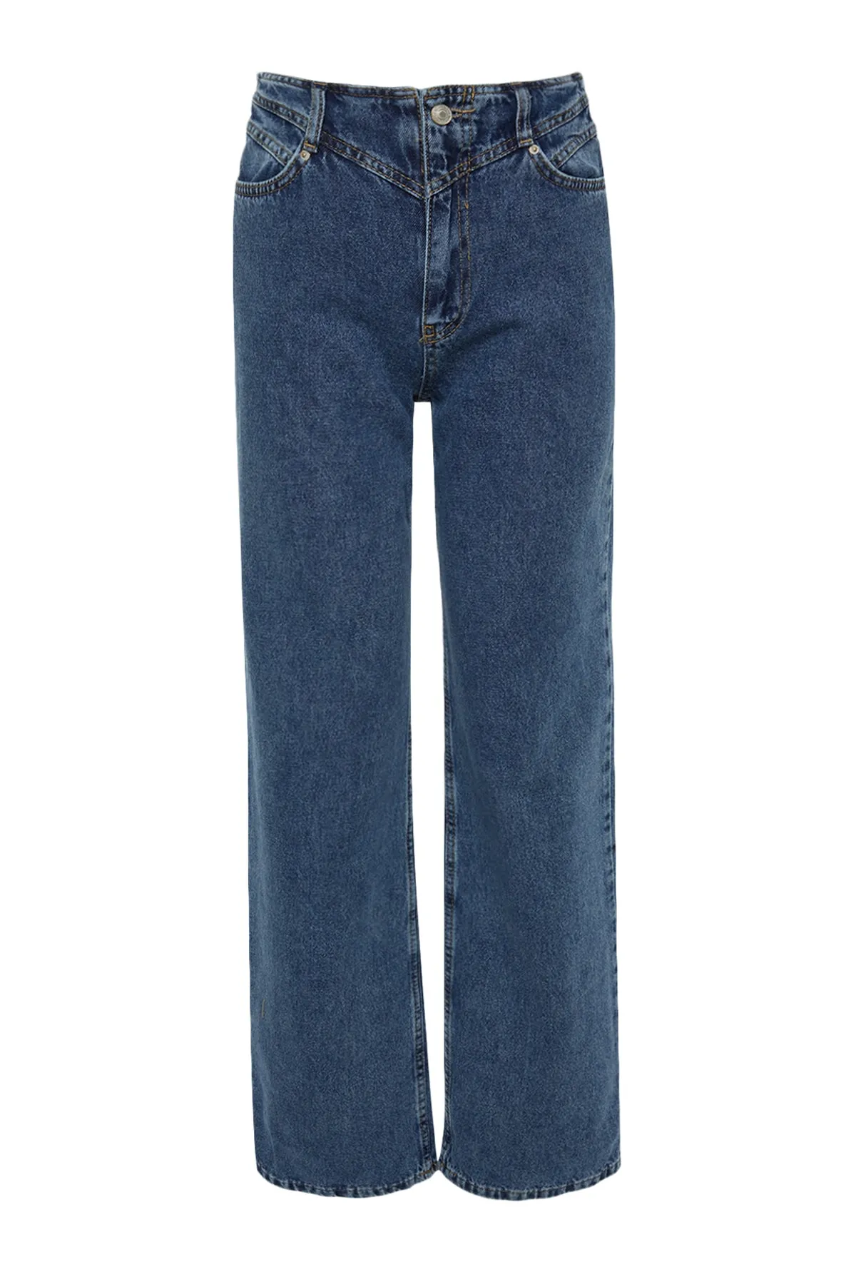 Trendyol Collection  Dunkelblaue Jeans mit hoher Taille und weitem Bein und Detail TWOSS21JE0385