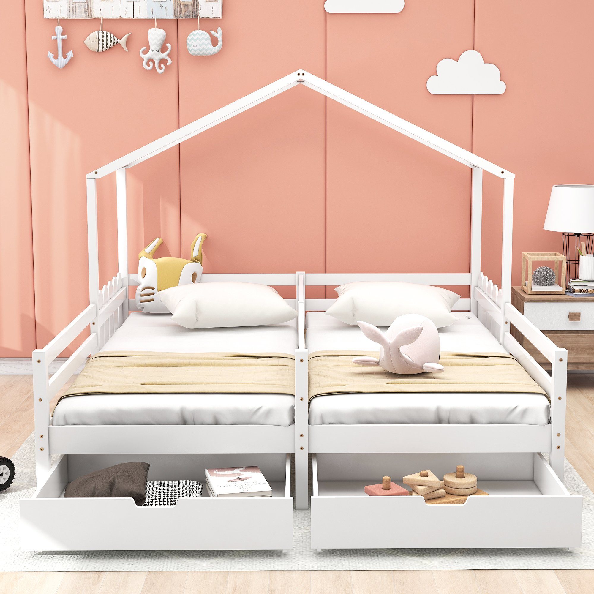 Flieks Massivholzbett, Hausbett Kinderbett Doppelbett 2 Schubladen 200x90cm