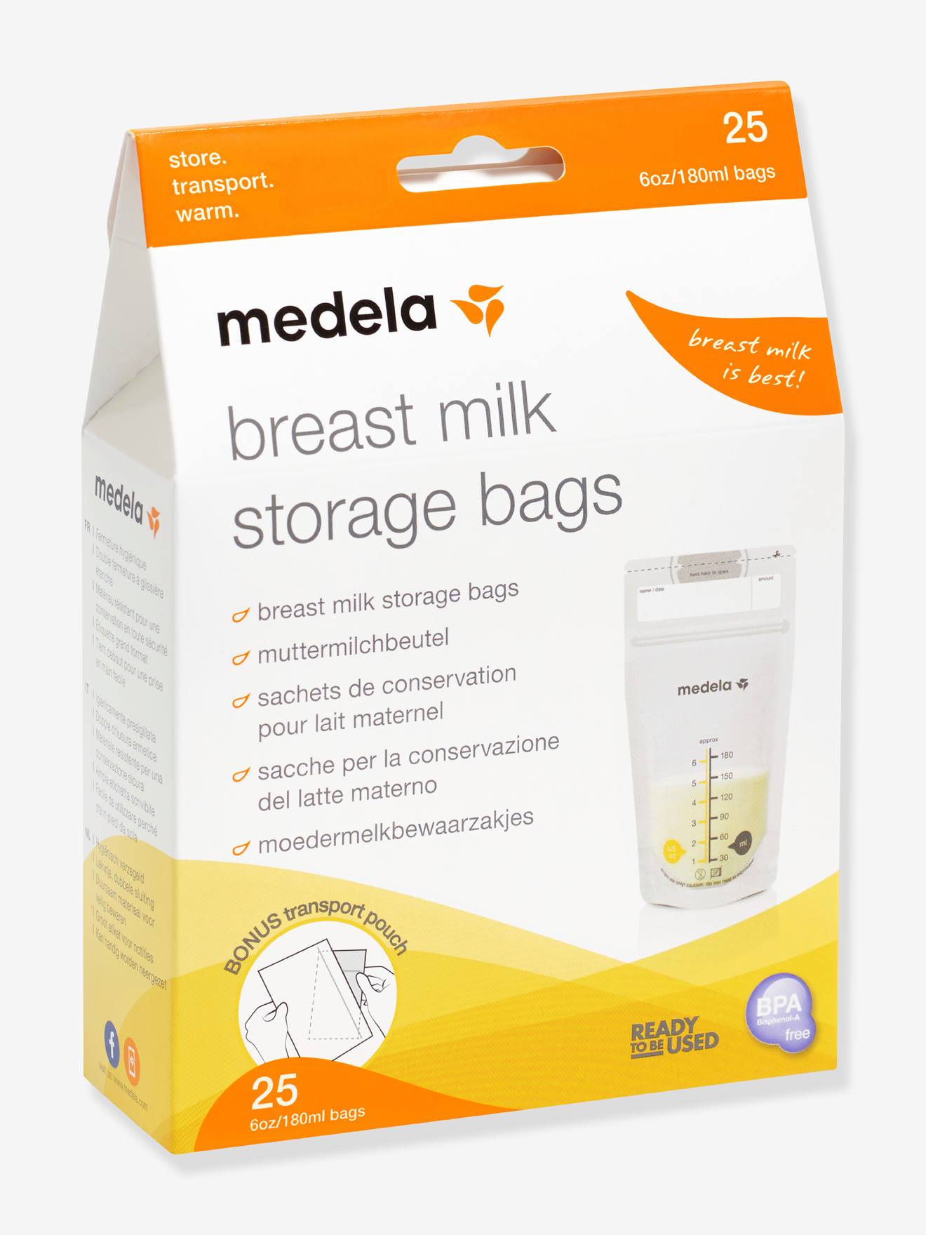 Boîte de 25 sachets de conservation pour lait maternel Pump & Save MEDELA transparent