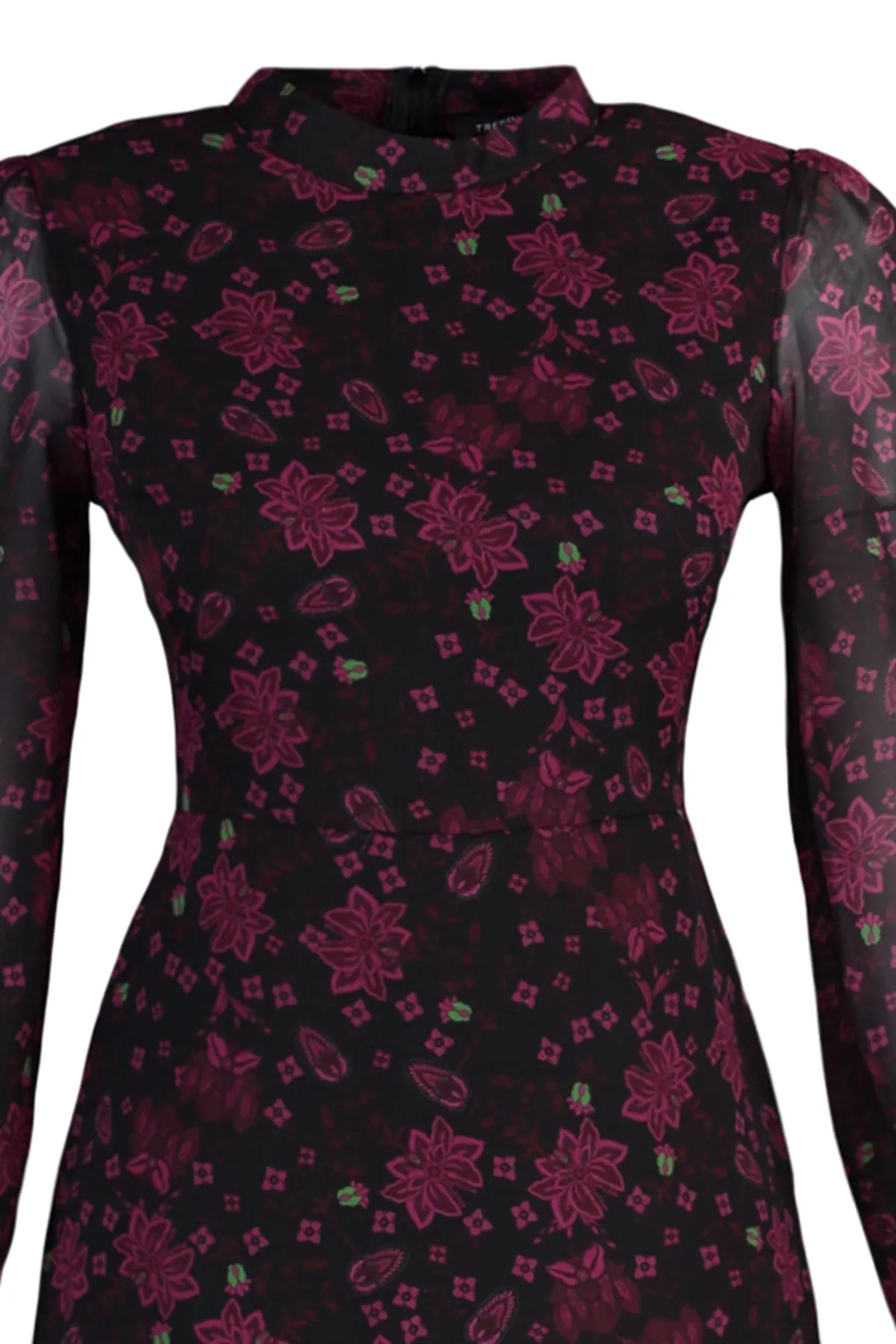 Trendyol Collection  Rosafarbenes, geblümtes A-Linien-Kleid aus Chiffon mit Stehkragen und Midi-Futter TWOAW20EL1313