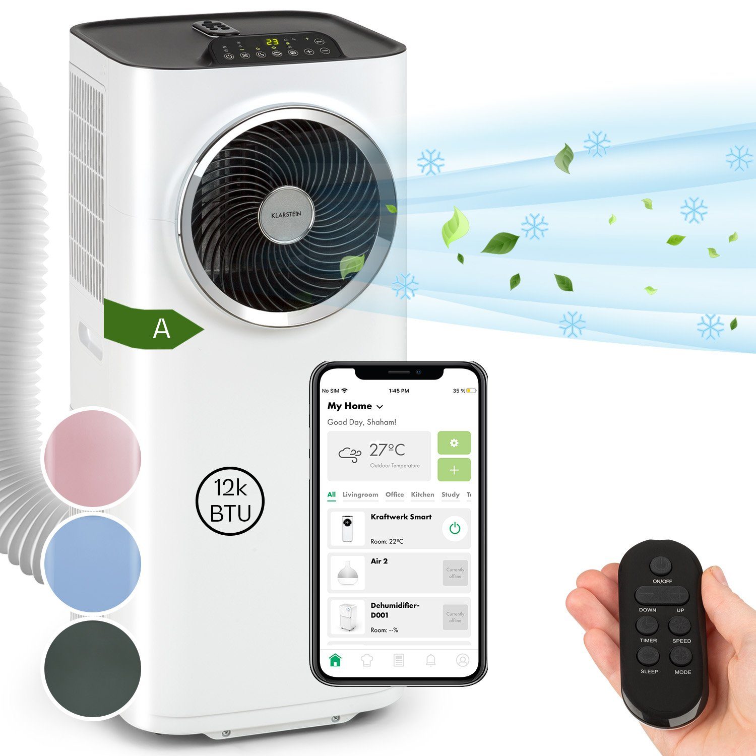 Klarstein Klimagerät Kraftwerk Smart, Klimagerät mobil Air Conditioner Kühlgerät Luftkühler