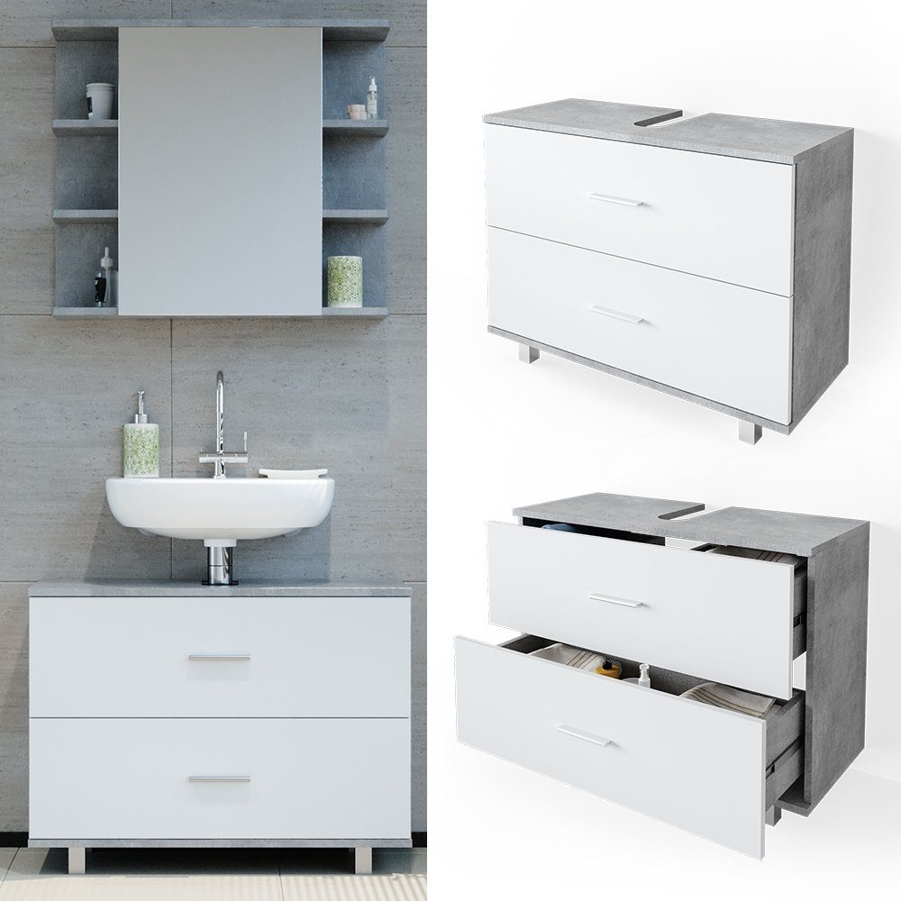 Vicco Waschbeckenunterschrank Waschtischunterschrank Badschrank ILIAS Beton Weiß Schublade