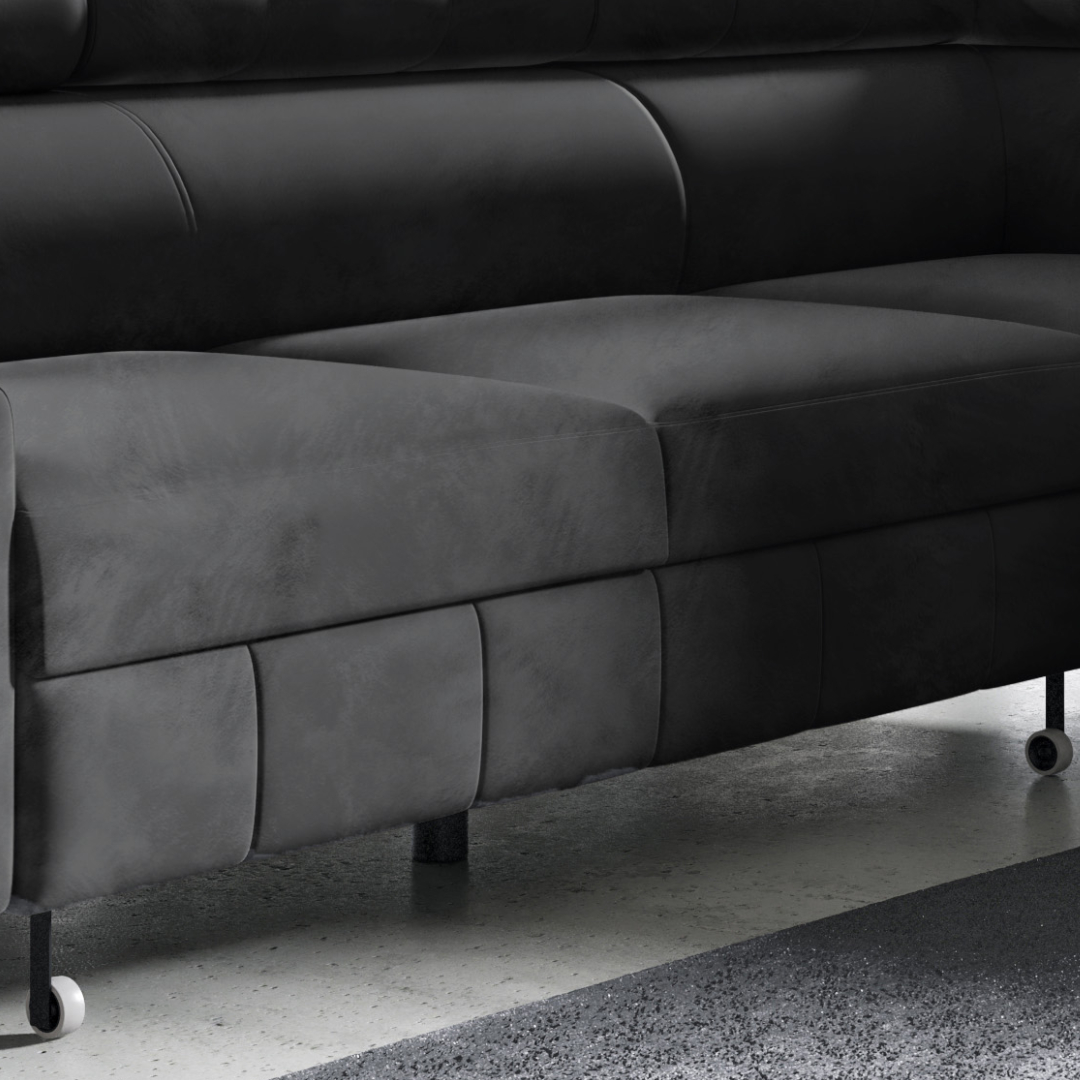 Möbel Punkt Wohnlandschaft Ecksofa Livorno Samt Grau Anthrazit mit Bettkasten Kopfteilverstellung Ottomane rechts