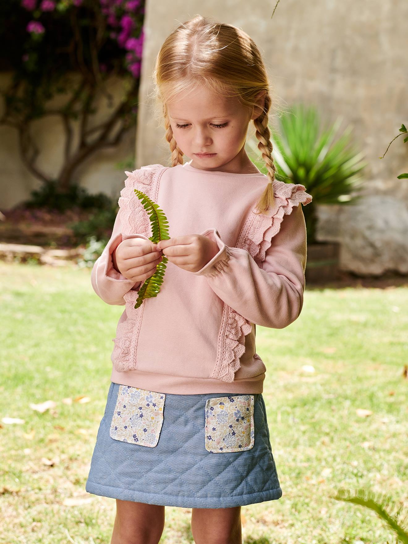 Jupe en denim matelassé fille poches imprimées fleurs double stone