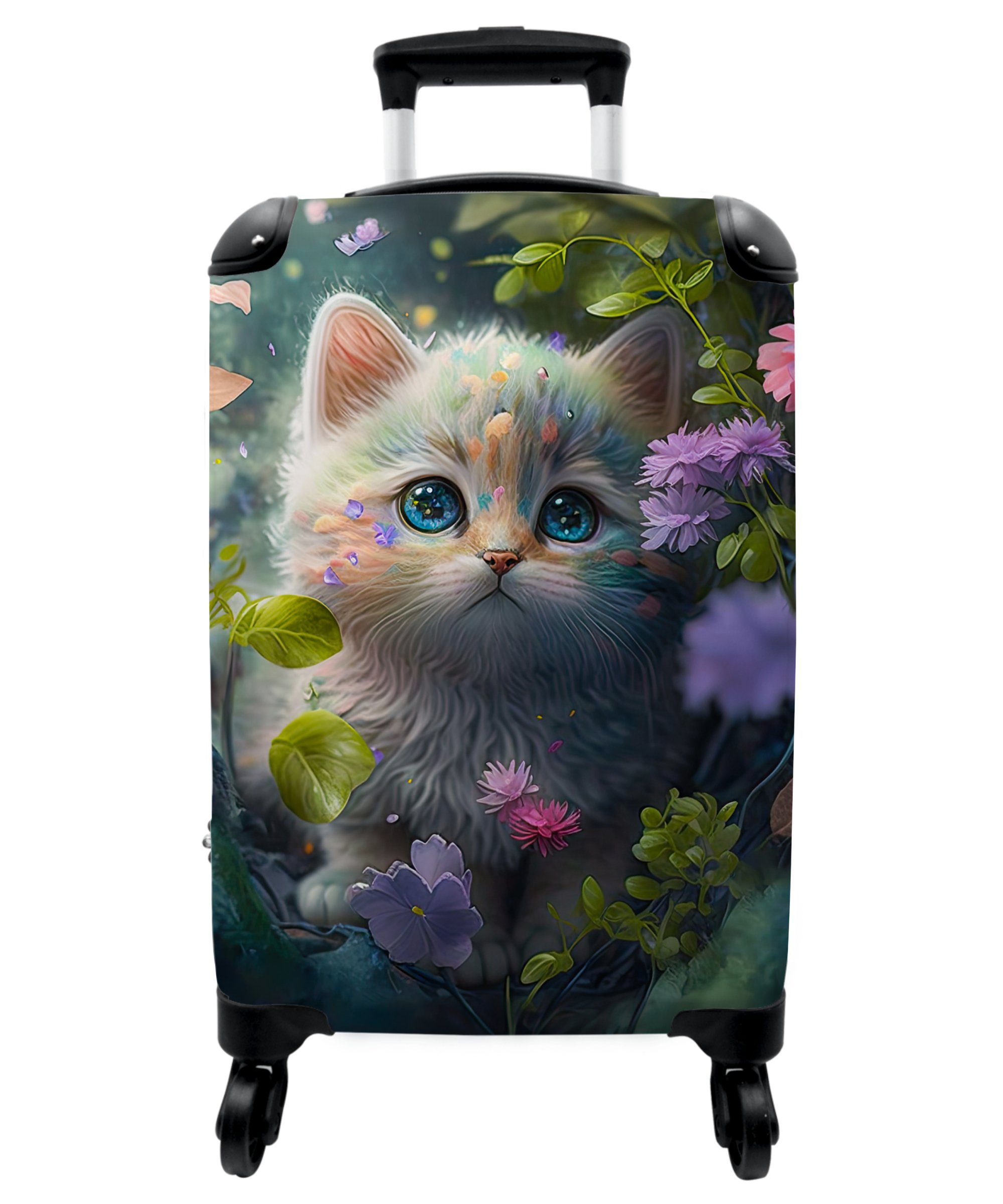 NoBoringSuitcases.com© Handgepäckkoffer 55x35x20cm Kätzchen - Blumen - Wald - Illustration - Katze, 4 Rollen, Handgepäck Trolley Rollkoffer Kleine Reisekoffer mit 4 Rollen - Cabin