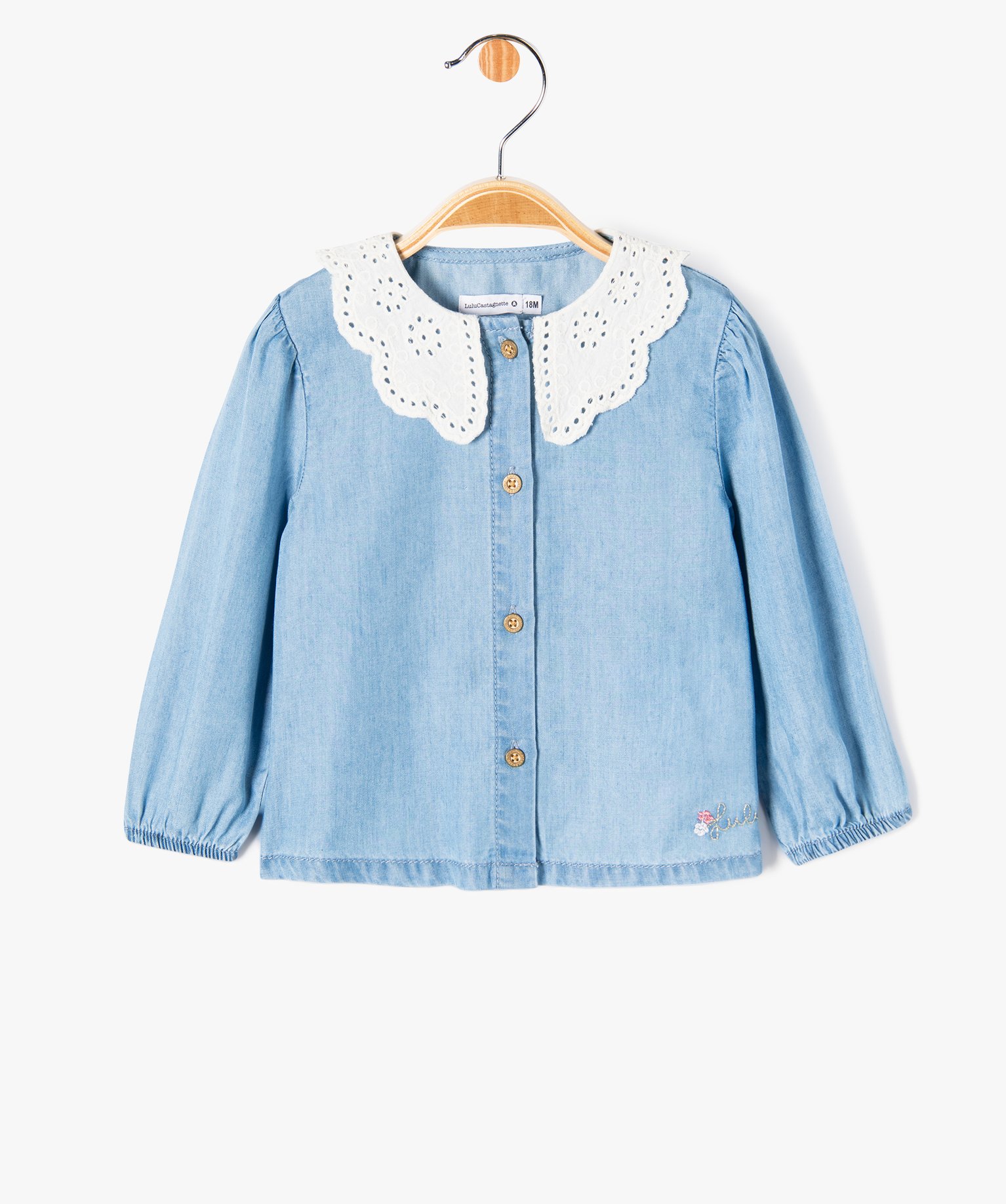 Blouse trapèze à manches longues et col brodé bébé fill... chambray | GEMO