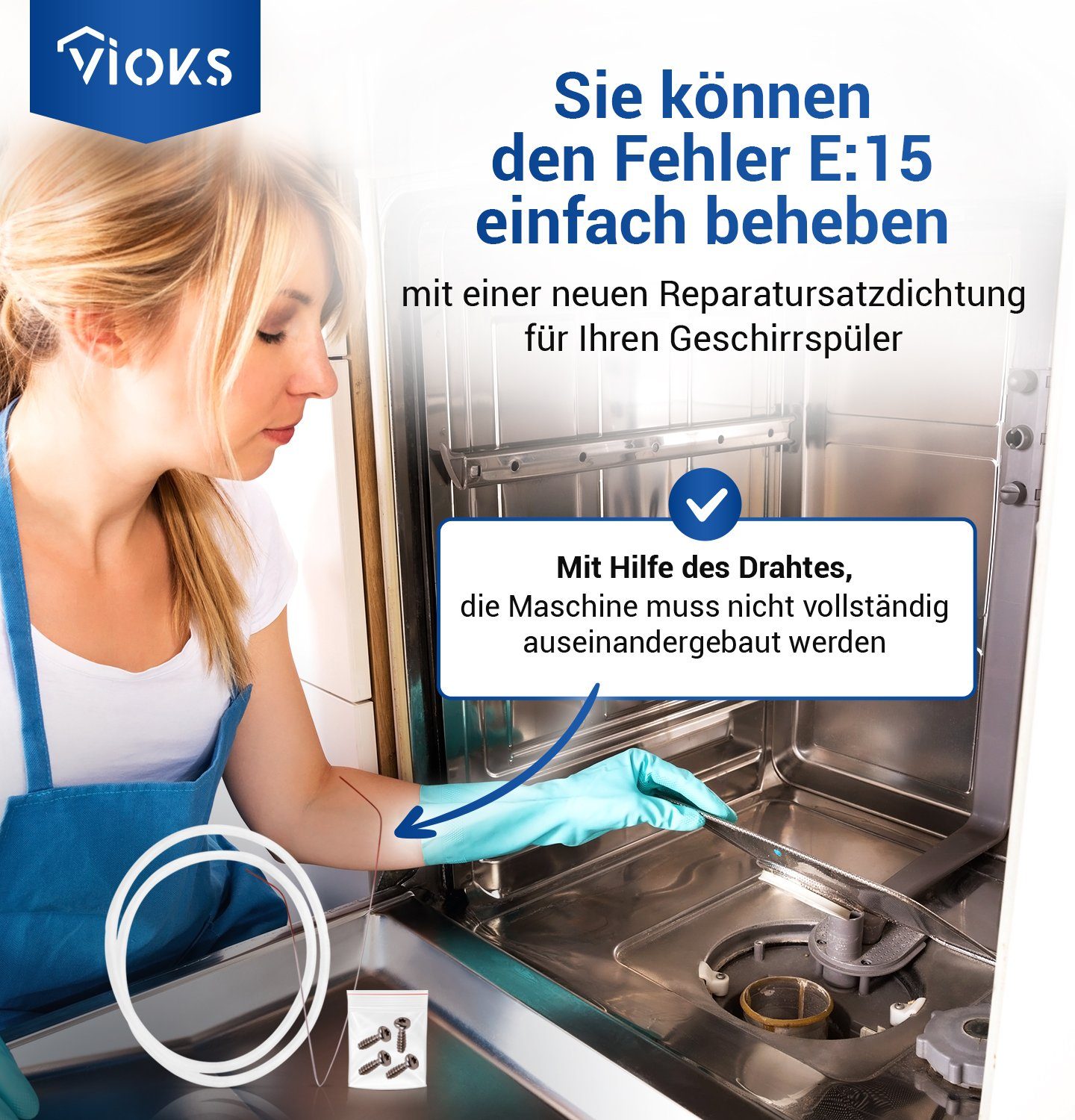 VIOKS Montagezubehör Geschirrspüler Dichtung Set für Pumpentopf wie Bosch 12005744 (Set, 1 St., 1xDichtung, 1xDraht, 4xSchrauben), 182mmØ für Geschirrspüler