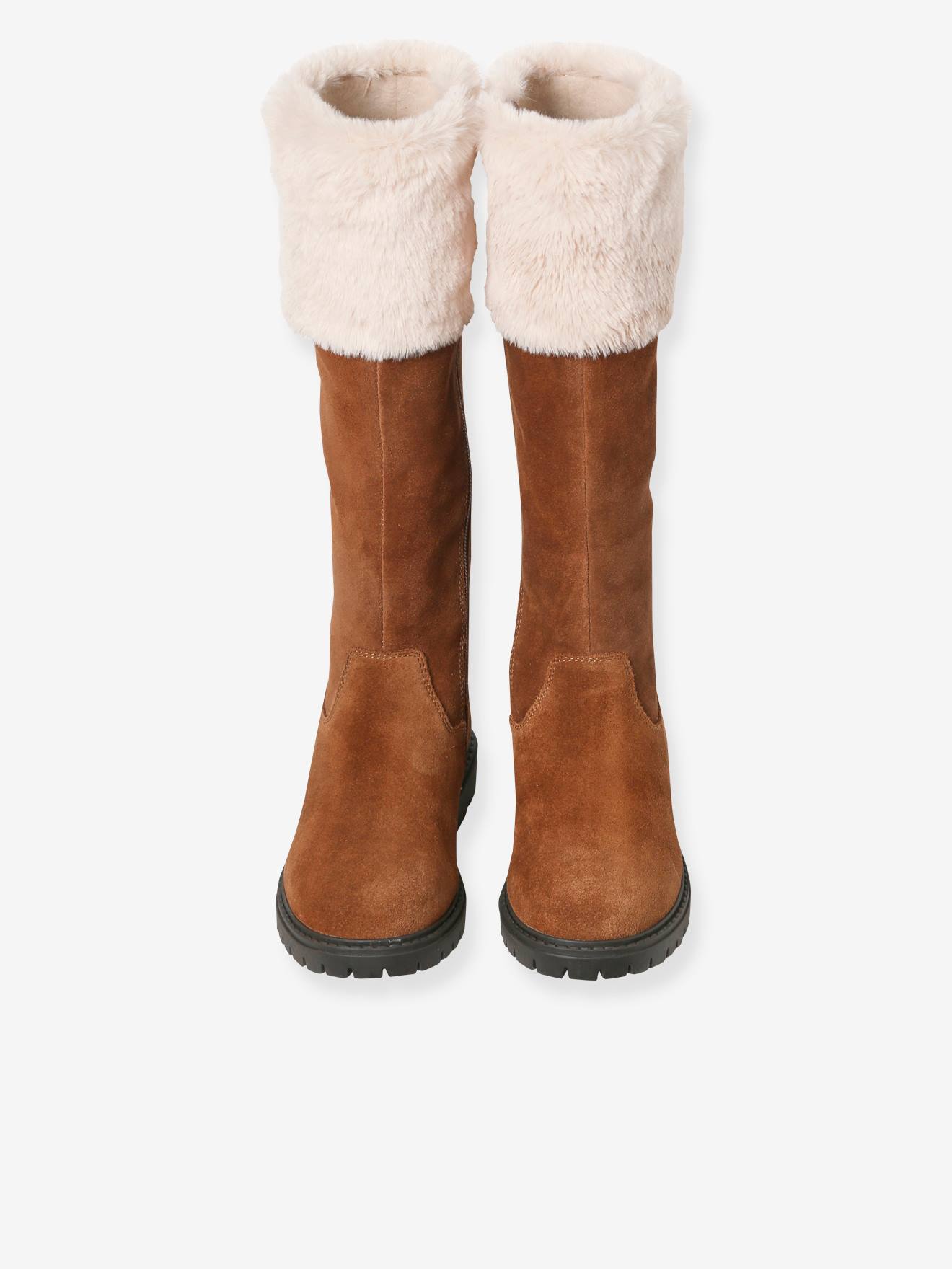 Bottes cavalières fourrées zippées cuir fille marron